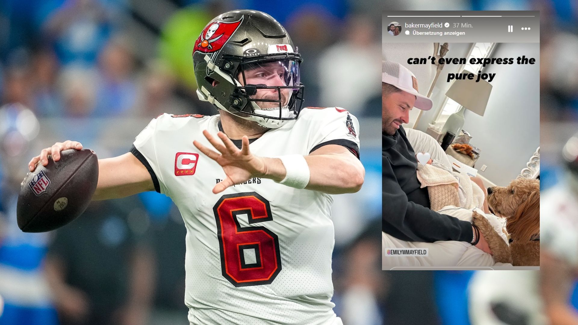 <strong>Baker Mayfield wird erstmals Vater</strong><br>Auch der stolze Daddy selbst meldet sich zu Wort. "Ich kann meine pure Freude gar nicht in Worte fassen", schreibt Mayfield, der selbst am Sonntag 29 Jahre alt wird, in seiner Instagram-Story.