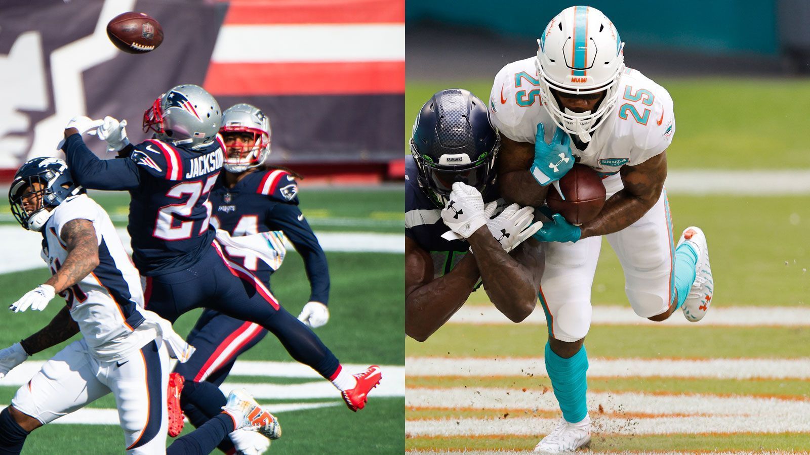 
                <strong>AFC - Cornerbacks (zwei Spieler)</strong><br>
                J.C. Jackson (New England Patriots; li.) und Xavien Howard (Miami Dolphins; re.) - Elf Interceptions vereinen die beiden Cornerbacks zusammengenommen für sich und zählen damit zur absoluten Elite in der NFL. Gleiches gilt für die Kategorie "Verteidigte Pässe" (passes defended; Anm. d. Red.): Jackson gelangen elf solcher Verteidigungen, während Howard mit zehn knapp dahinter rangiert.
              