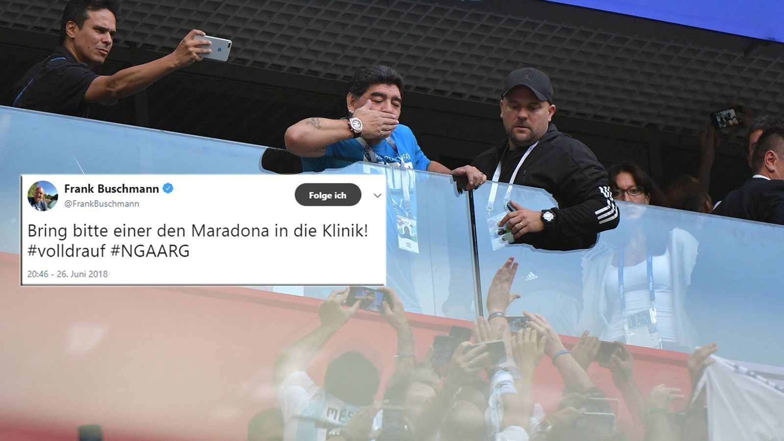 
                <strong>Maradona geht auf der Tribüne steil</strong><br>
                Auch Frank Buschmann hat seine Meinung zu Diego! Und auch wir wünschen, dass Maradona das Spiel unfallfrei übersteht ...
              