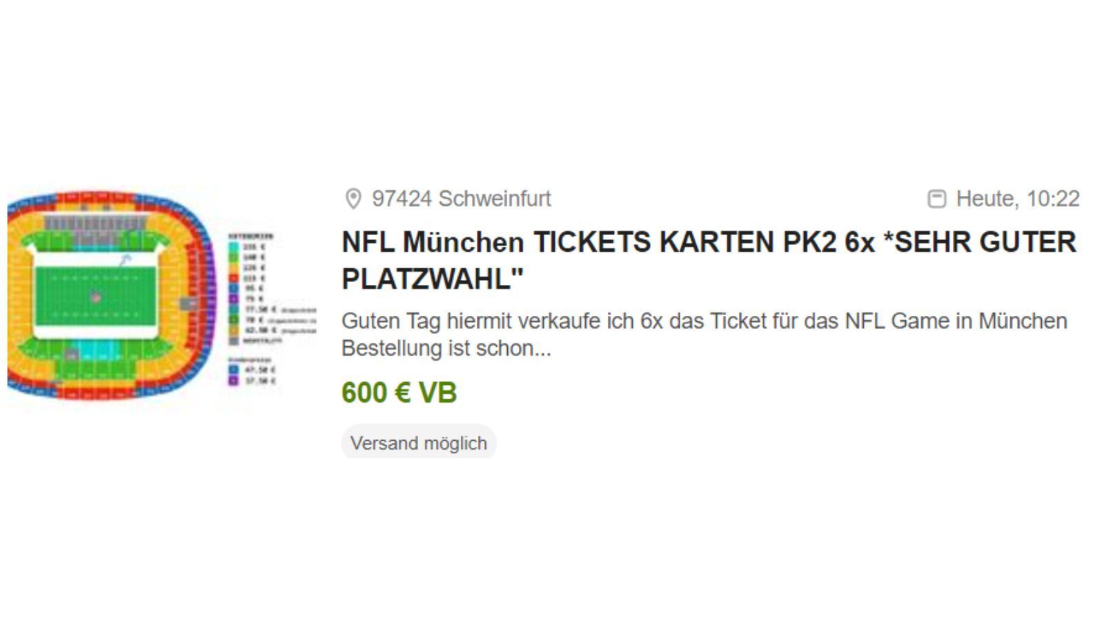 
                <strong>Horrende eBay-Angebote für das NFL-Spiel in Deutschland</strong><br>
                Sechs Tickets für 600 Euro? Klar, glauben wir sofort.
              