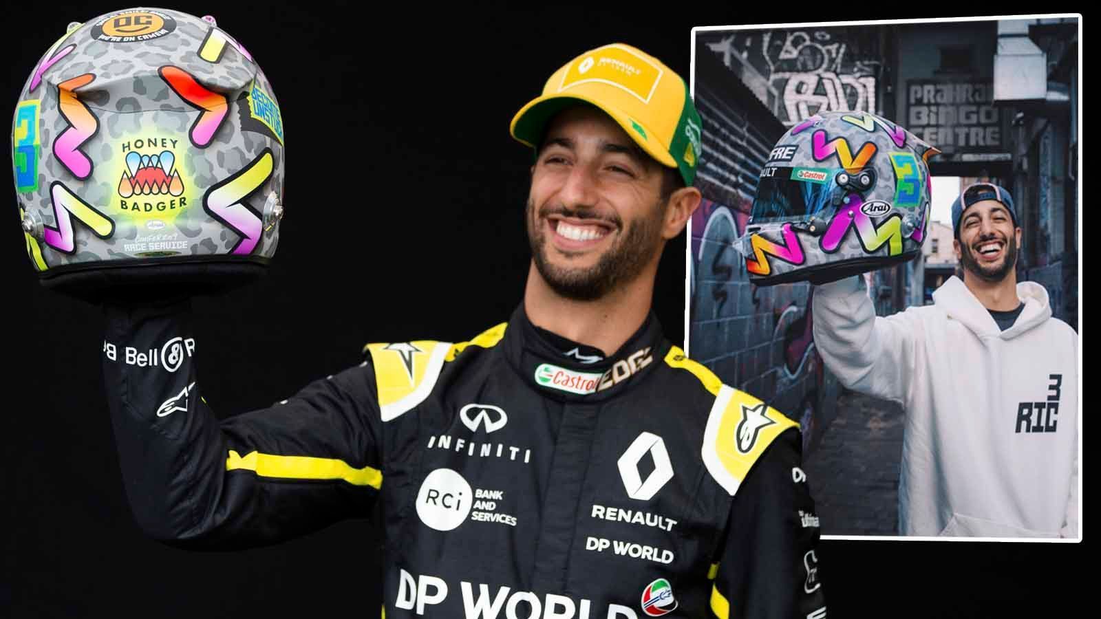 
                <strong>Daniel Ricciardo (Renault)</strong><br>
                Daniel Ricciardo hat auf seinen sozialen Kanälen seinen Helm für die Saison 2020 präsentiert. Dabei zeigt der Renault-Fahrer besonders Farbe. Auf der grauen Grundfarbe ragt seitlich die Startnummer des Australiers, die 3, hervor. Dazu sind über den gesamten Kopfschutz weitere Zeichen verteilt, die der Zahl ähneln. Die Rückseite prägt sein Spitzname "Honey Badger". Alle Zeichen sind in verschiedensten Farben aufgedruckt. Fahrerkollegen haben bereits seine Helmvorstellung kommentiert. Unter anderem Lando Norris, für den die Symbole eher ein Gruß an Ricciardos Mutter seien.
              