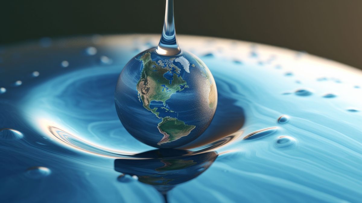 Water drop with the earth with ripples on it. Generative AI.