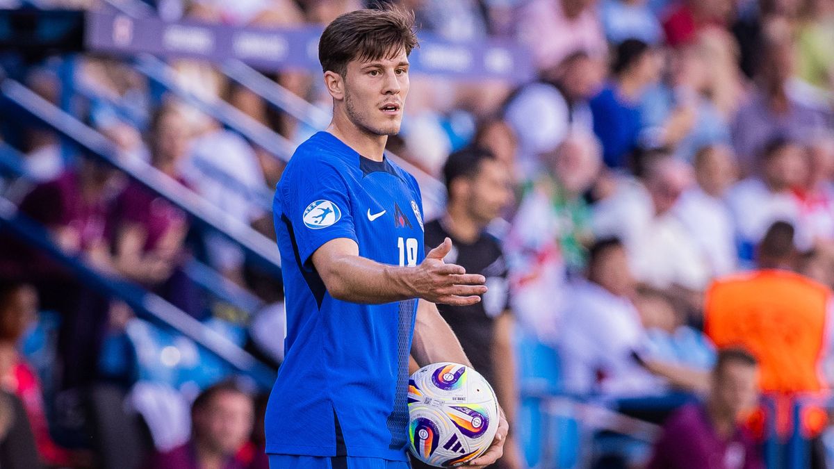 ENGLAND U21, U 21 - SLOVENIA U21 Marko Brest of Slovenia during the UEFA European Under-21 Championship 2025 Group B football match between England U21 and Slovenia U21. Stadium Nitra Arena, Nitra,...