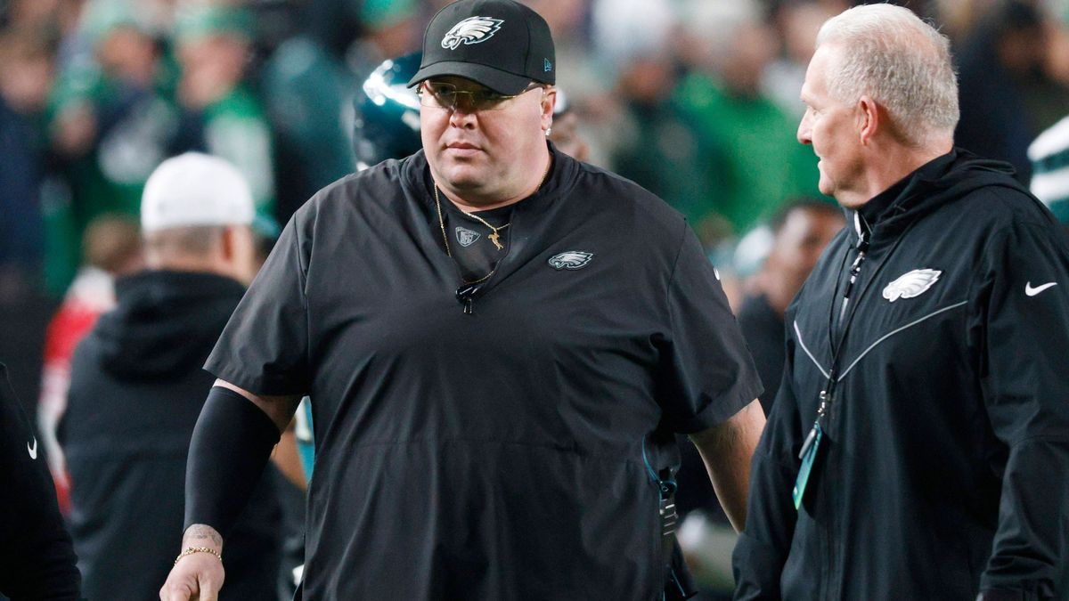 Eagles head of security Dom DiSandro is escorted off of the field after he scuffled with San Francisco 49ers linebacker Dre Greenlaw (57) during the NFL, American Football Herren, USA football game...