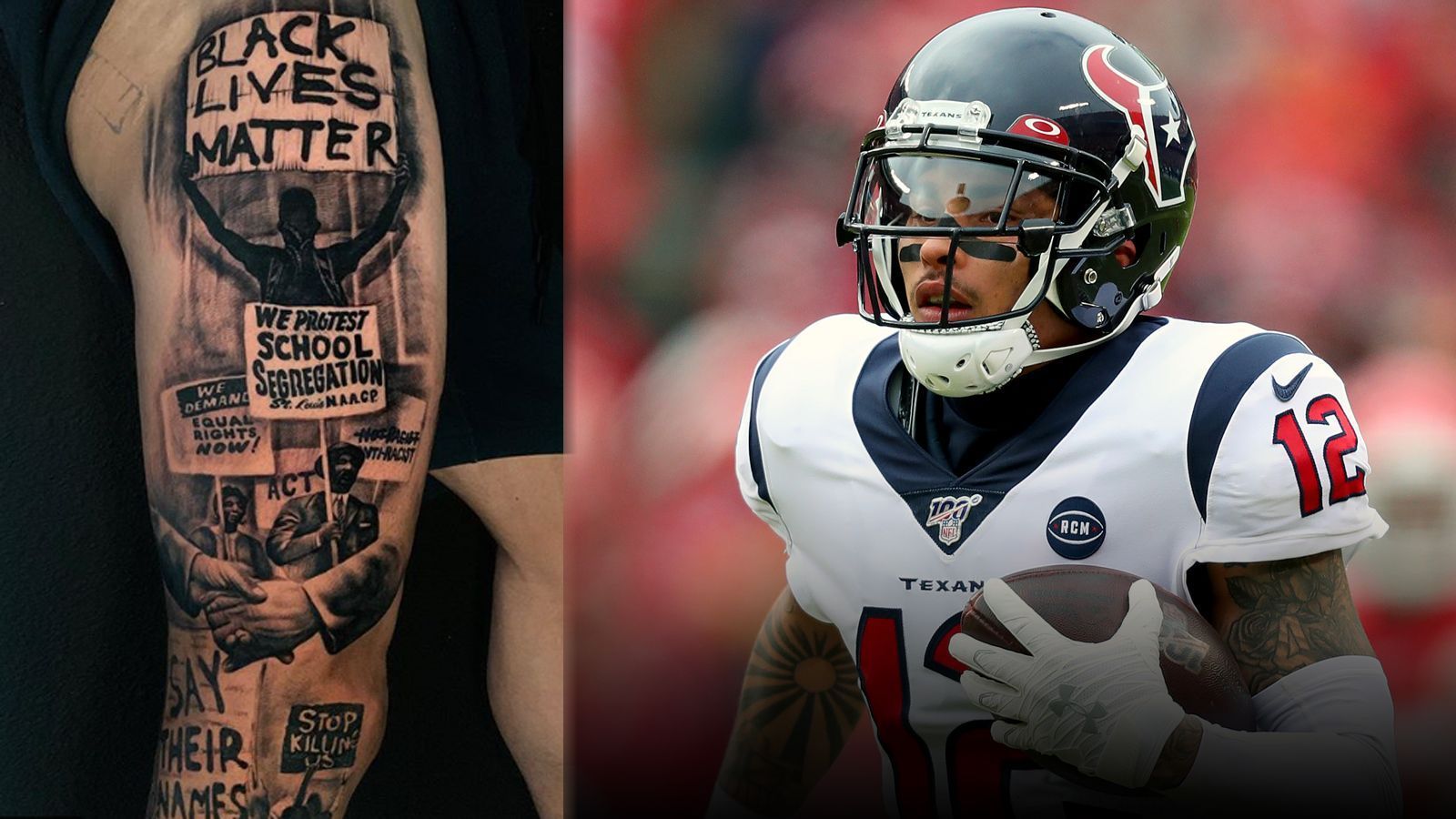 
                <strong>Kenny Stills</strong><br>
                Kenny Stills setzt auf seiner Haut ein Zeichen gegen Rassismus. Den Oberschenkel des jetzigen Saints- und früheren Texans-Receivers ziert ein brandneues Tattoo mit Symbolen der "Black Lives Matter"-Bewegung. Zu sehen sind verschiedene Protestschilder mit Botschaften wie "Gleiche Rechte jetzt", "Sagt ihre Namen" und "Hört auf, uns zu töten". Zudem sind zwei Personen angedeutet, die sich freundschaftlich die Hand reichen.
              