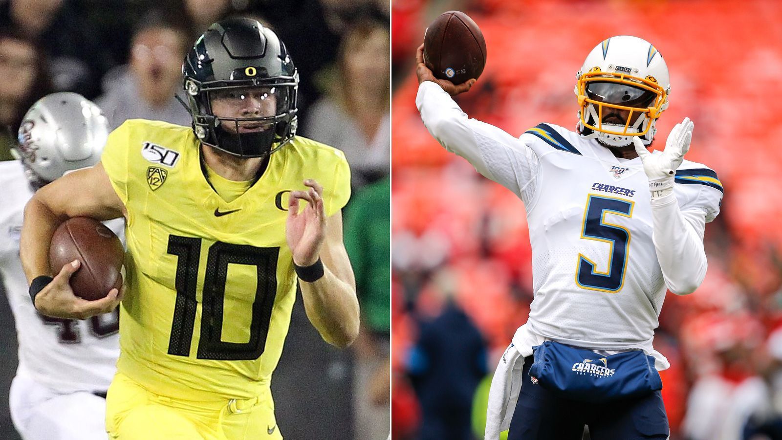 
                <strong>Tyrod Taylor vs. Justin Herbert (Los Angeles Chargers)</strong><br>
                Auf den ersten Blick würde man meinen, die Chargers stünden vor einer ähnlichen Situation wie die Dolphins. Bei genauerem Betrachten wird jedoch klar: L.A. verfügt über einen deutlich besseren Kader und könnte mit einem soliden Quarterback in den Playoffs weit kommen. Daher werden die Chargers nicht auf die Idee kommen, Justin Herbert (l.) langsam an die NFL heranzuführen. Der bessere Spieler wird von Beginn an starten. Wer das ist? Das muss das Training Camp zeigen. 
              