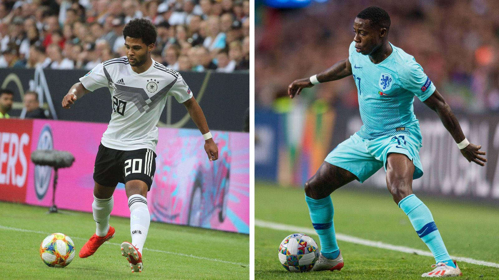 
                <strong>Angriff: Serge Gnabry vs. Quincy Promes </strong><br>
                Überraschend offensiv kündigte der Bundestrainer vor der Partie eine Stammplatz-Garantie für den Bayern-Star an. Die Verhältnisse auf dem rechten Flügel sind also geklärt. Das sollte dem 24-Jährigen auch für die Partie gegen die Elftal Aufschwung geben, im Hinspiel glänzte er mit einem Treffer. Sein Gegenüber Quincy Promes fügte sich auf Vereinsebene bei seinem neuen Klub Ajax Amsterdam gut ein. Schnelligkeit und Beidfüßigkeit zeichnen den 27-Jährigen aus. Mit leichten Vorteilen holt sich allerings Serge Gnabry den Punkt, 6:5 für Deutschland!
              