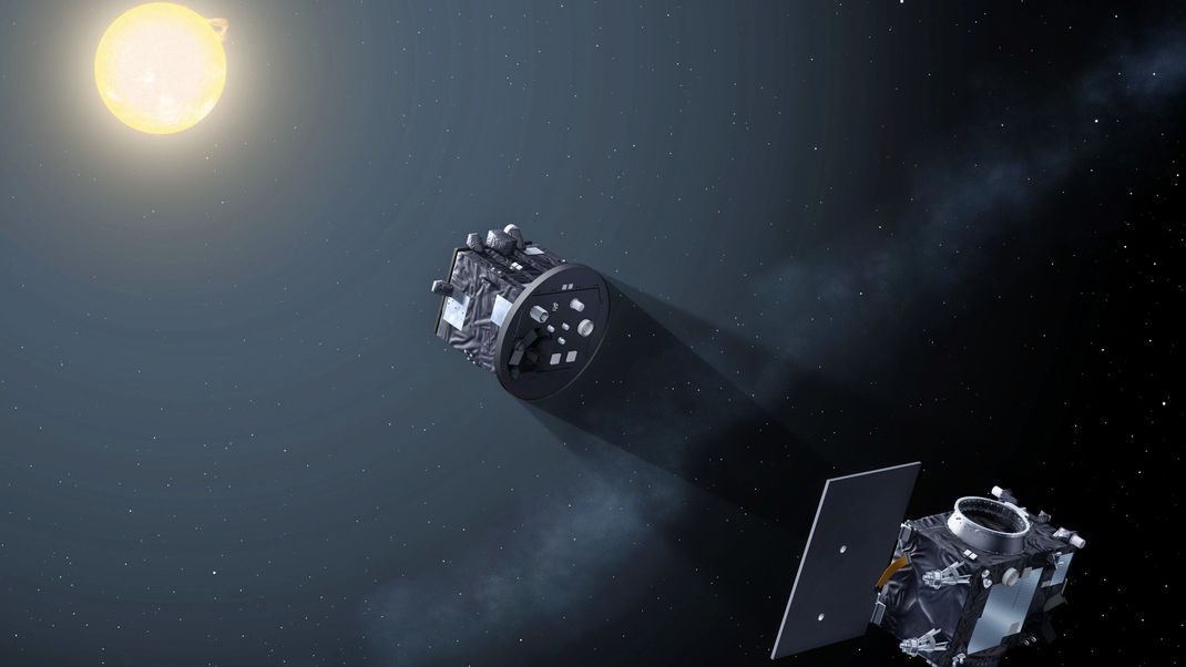 So stellt sich die ESA das Gespann der Proba-3-Satelliten vor, wie es im All eine künstliche Sonnenfinsternis erzeugt.