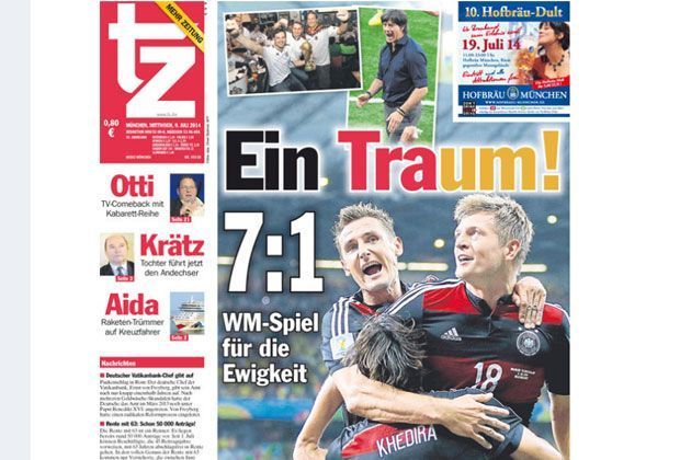 
                <strong>Münchner "tz"</strong><br>
                Für die "tz" aus München ist das 7:1 der deutschen Mannschaft gegen Brasilien einfach nur "Ein Traum!".
              