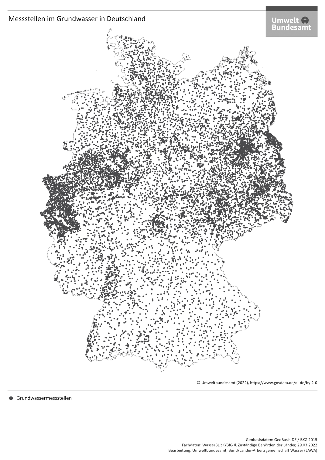 Die Übersicht zeigt die Messstellen in Deutschland, die die Menge und den chemischen Zustand des Grundwassers erfassen