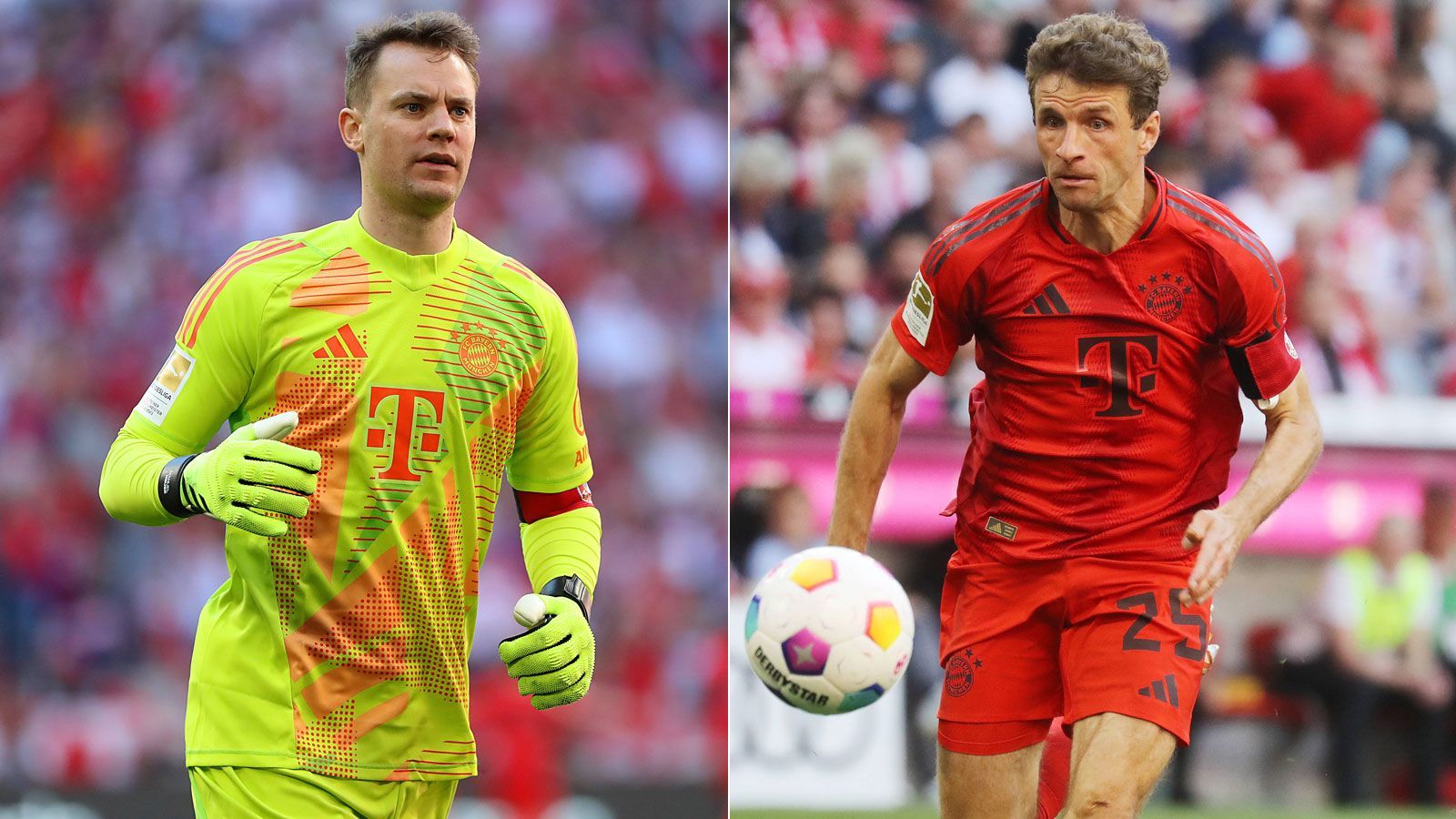 <strong>FC Bayern München</strong><br>Und so sieht das Trikot, das unter den Fans wegen des fehlenden Weißtons bereits Kritik hervorrief, im Einsatz aus. Manuel Neuer (l.) läuft 24/25 wohl häufiger in Gelb als in Pink auf, Thomas Müller ist ohnehin ein Roter durch und durch.