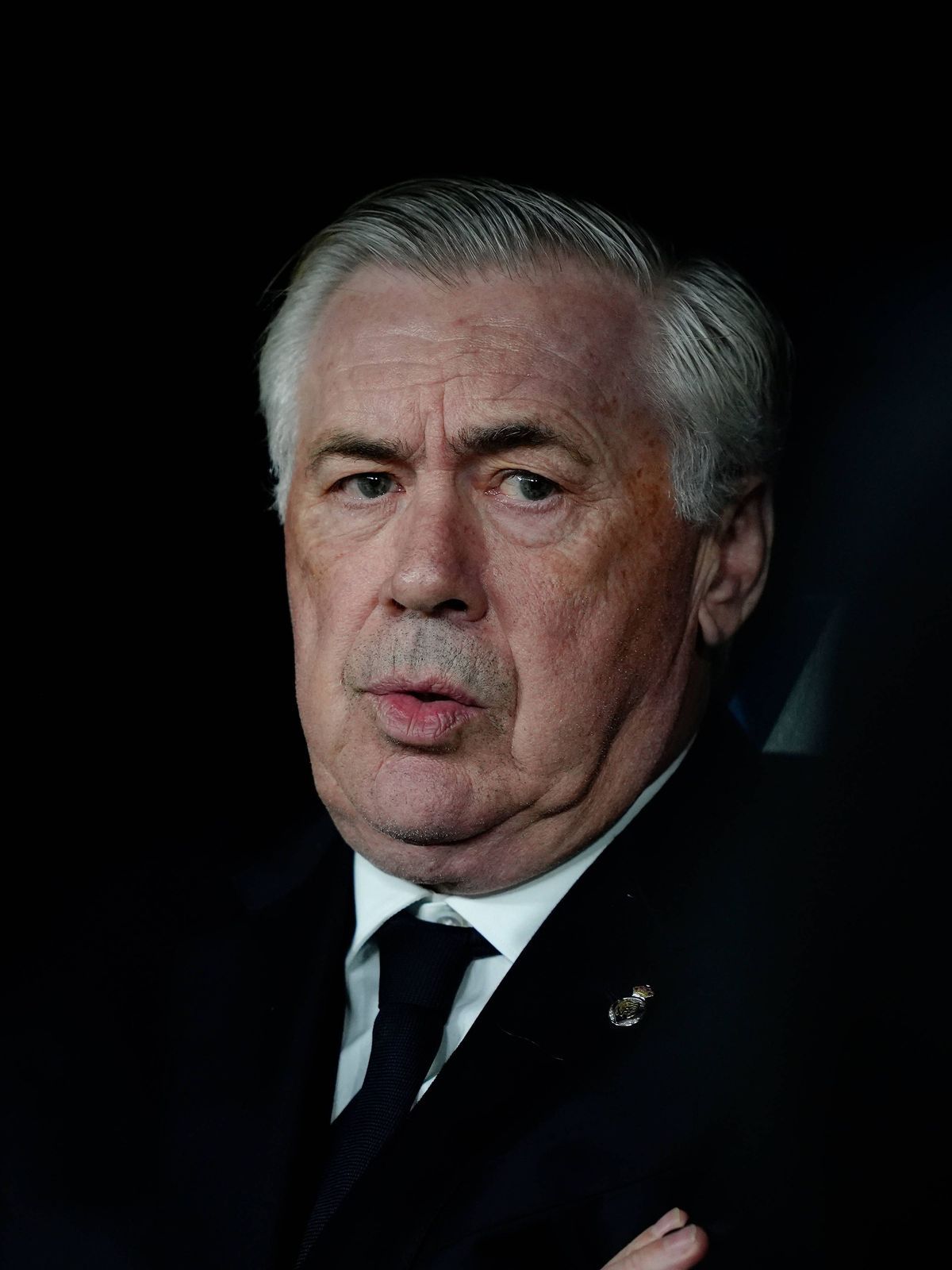 La Liga Real Madrid Athletic Club Carlo Ancelotti, Head Coach of Real Madrid looks on prior to the match during the La Liga EA Sports match between Real Madrid CF and Athletic Club at Santiago Bern...