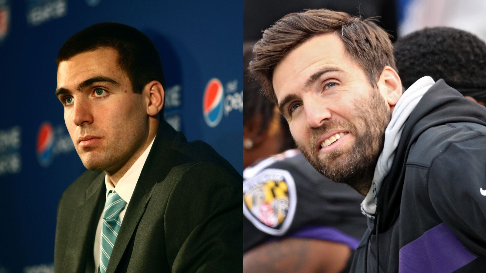 
                <strong>Joe Flacco 2009 und heute</strong><br>
                Die Zeit meint es gut mit Joe Flacco. Der Ravens-Quarterback hat sich in den letzten zehn Jahren eine anständige Frisur wachsen lassen und sieht mit Bart schon eher nach einem harten NFL-(Backup)-Profi aus. 
              