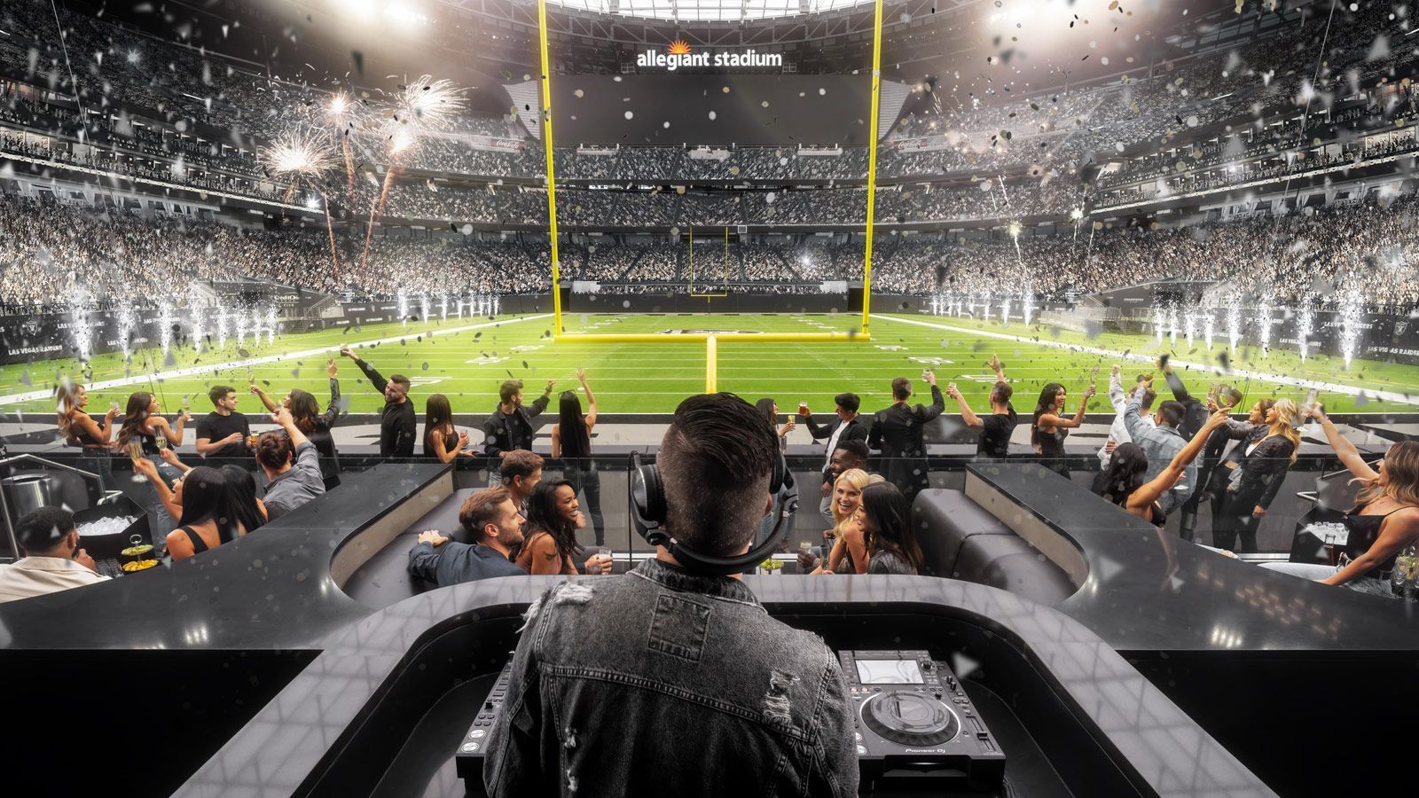 
                <strong>Allegiant Stadium (4/4)</strong><br>
                ... während der Partie sorgen zudem zwei Top-DJs für Musik und Unterhaltung. Diese neue Area des Vergnügens ist den Raiders-Spielern natürlich nicht vorenthalten geblieben. So sagte bereits Fullback Alec Ingold: "Wir sind echt gut im Spiken von Bällen. Wir haben uns schon überlegt als Jubel vor dem neuen Party-Bereich zu spiken. Mal sehen, wo der Football hingeht und mit wem wir dann abfeiern können."
              