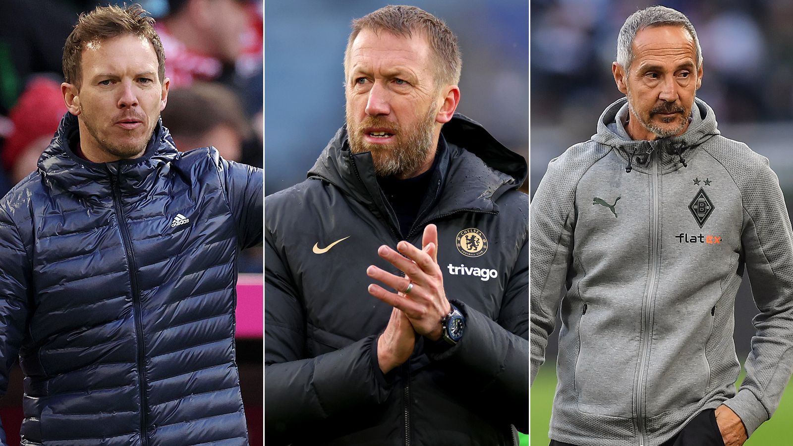 
                <strong>Das Scheitern der Millionen-Trainer</strong><br>
                Nun hat es auch Graham Potter (Mi.) erwischt! Nach nur sieben Monaten flog er beim FC Chelsea schon wieder raus. Dabei zahlten die Londoner Millionen an Ablöse für Potter. ran zeigt weitere Trainer, die für viel Geld aus ihren Verträgen herausgekauft wurden - und dann bei ihren neuen Klubs recht schnell scheiterten.
              