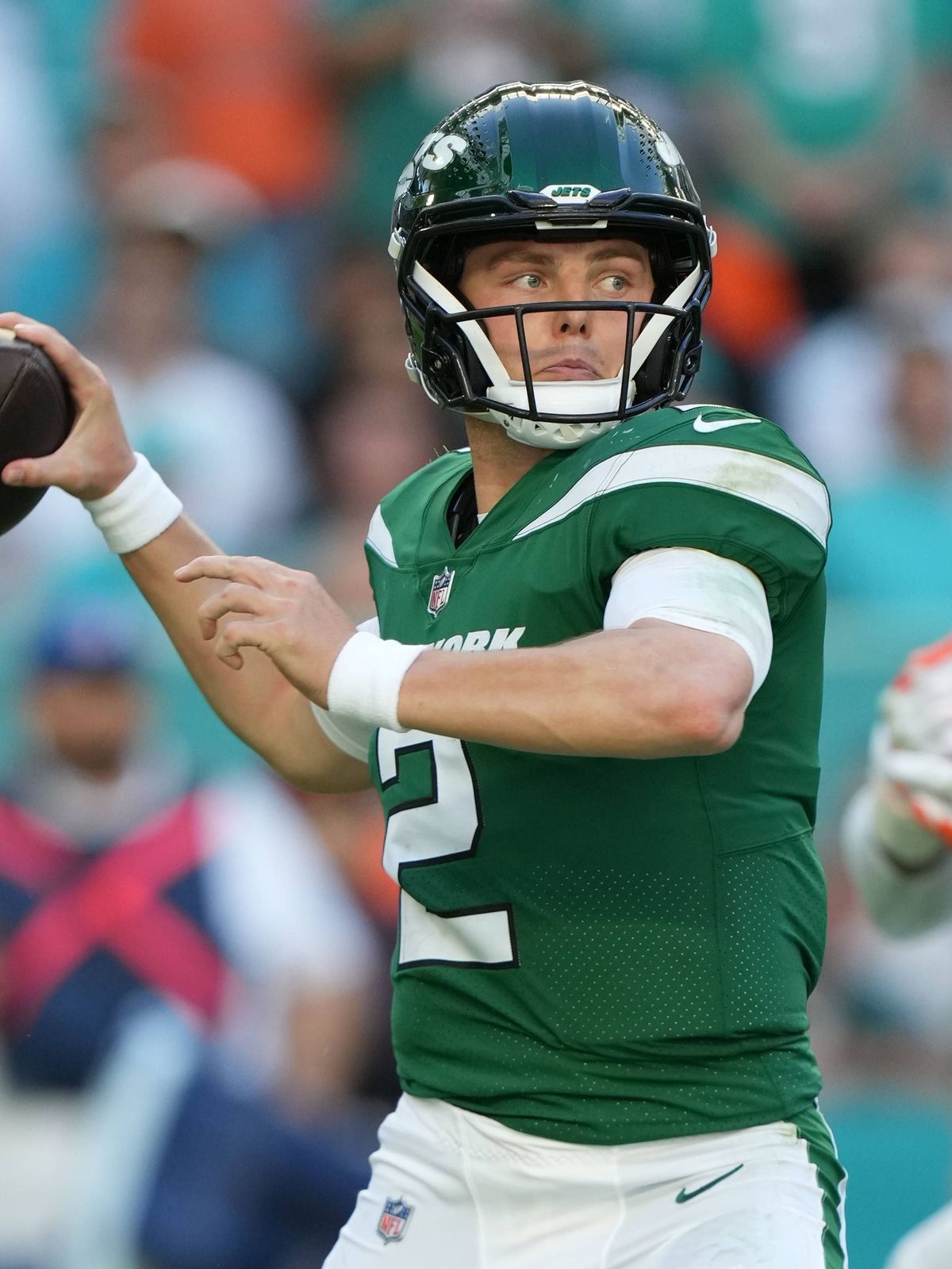 MIAMI GARDENS, FL - DECEMBER 17: New York Jets quarterback Zach Wilson (2) makes a pass attempt during the game between the New York Jets and the Miami Dolphins on Sunday, December 17, 2023 at Hard...