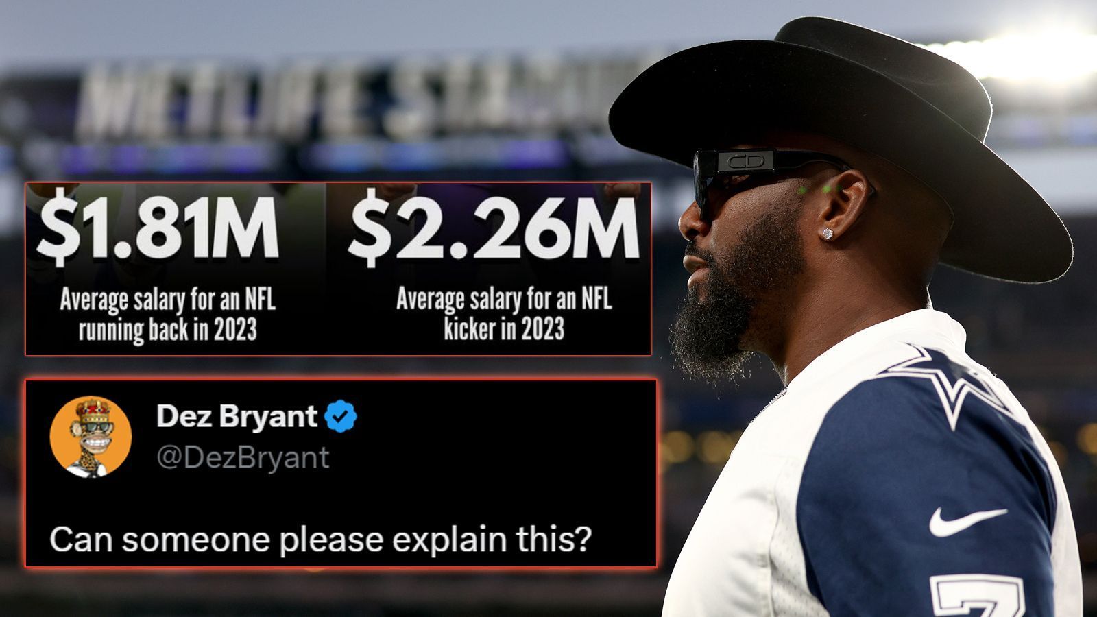 
                <strong>Dez Bryant</strong><br>
                Auch der ehemalige NFL-Receiver Dez Bryant stellt einen interessanten Vergleich auf. Er postet eine Grafik. Dort zu sehen: 1,81 Millionen US-Dollar verdient ein Running Back 2023 im Durchschnitt. Ein NFL-Kicker durchschnittlich 2,26 Millionen. Dazu schreibt er: "Kann mir das jemand erklären?"
              