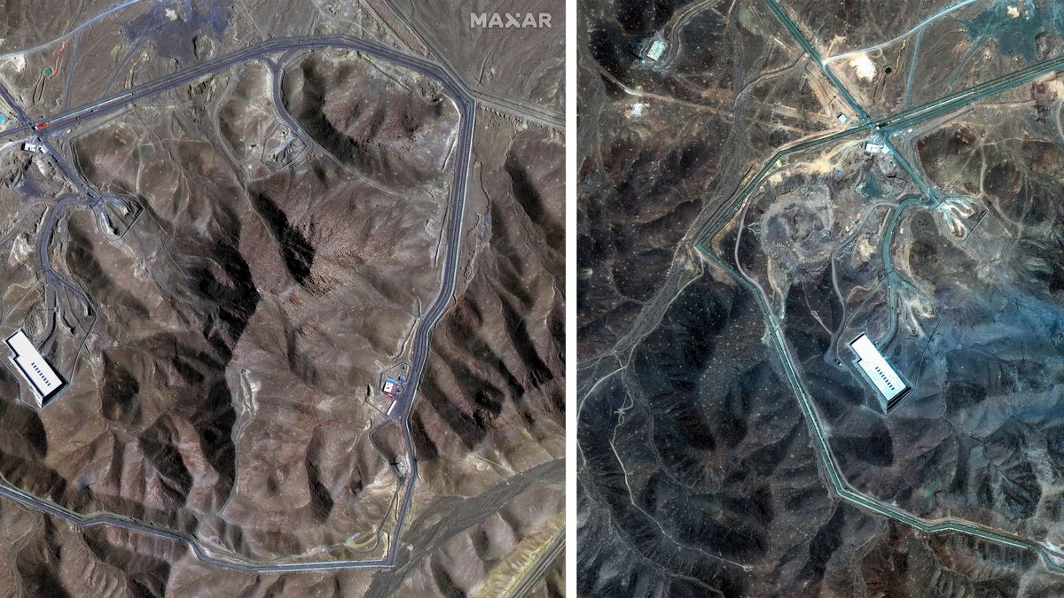 Iran, Fordo: Die Satellitenbilder zeigen die Anreicherungsanlage Fordo im Iran vor den US-Angriffen am 20. Juni 2025 (links) und nach den Angriffen am 22. Juni 2025 (rechts).