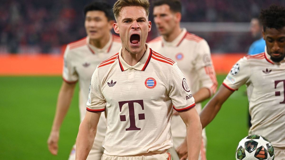 Joshua KIMMICH (Bayern Muenchen) bruellt,Jubel,Freude,Begeisterung,Aktion., Fussball Champions League Achtelfinale FC Bayern Muenchen - Bayer 04 Leverkusen 3-0 am 05.03.2025 , A L L I A N Z A R E N...