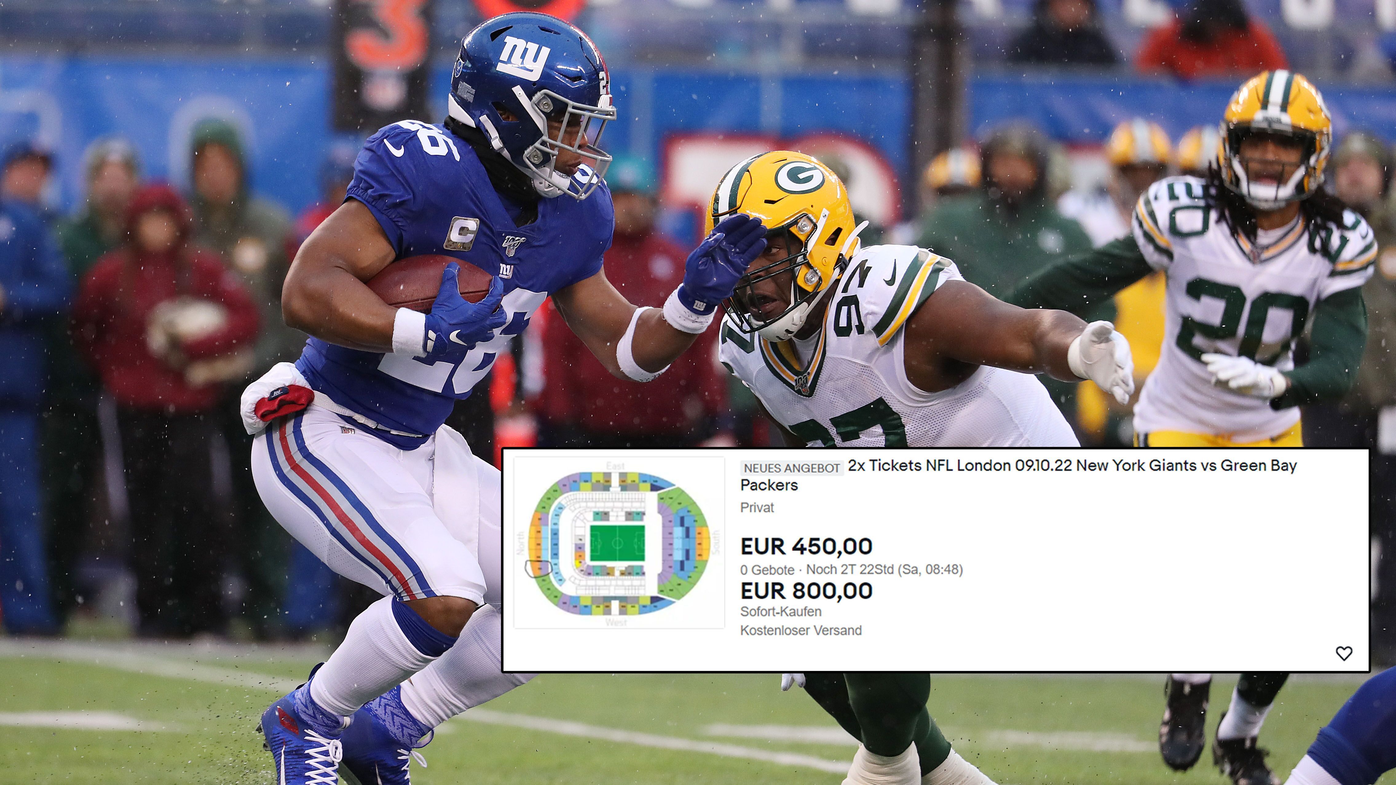 
                <strong>Giants vs. Packers </strong><br>
                Neben Aaron Rodgers gastiert mit Giants-Running-Back Saquon Barkley ein weiteres großes Gesicht der NFL in der britischen Metropole. Immerhin haben Fans hier die Wahl: Entweder steigen sie mit einem Gebot von mindestens 450 Euro für beide Tickets ein oder bezahlen gleich pro Kopf 400 Euro für jede Karte. 
              