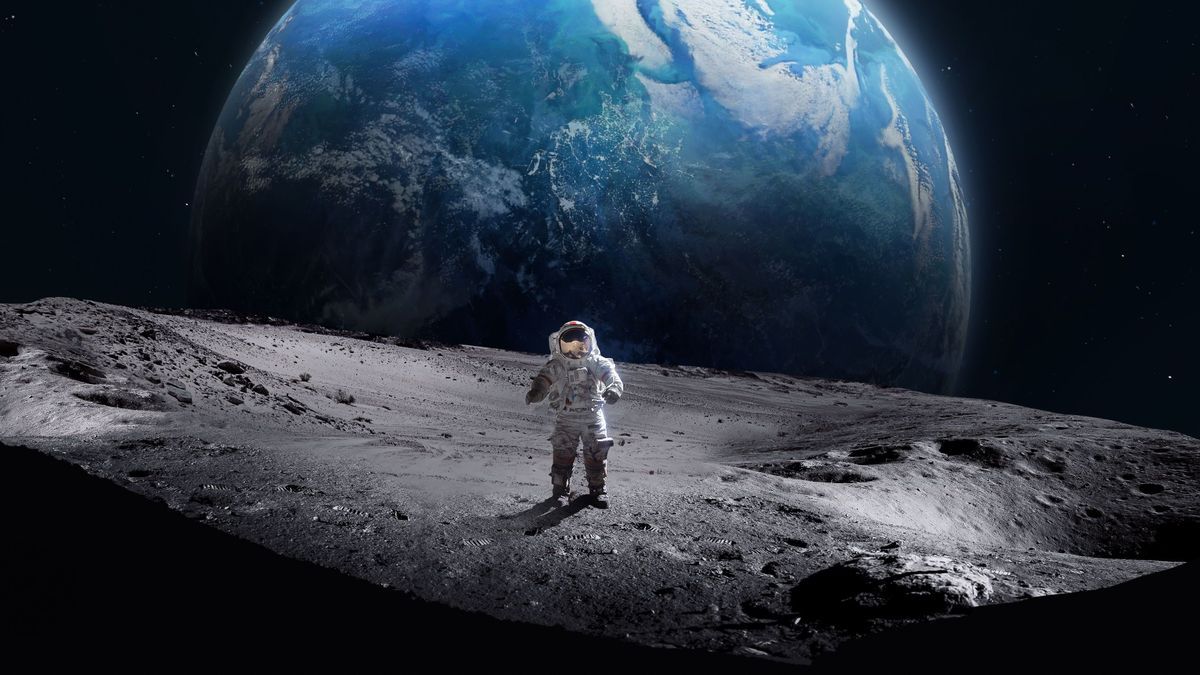 Astronaut on surface of the Moon. Earth on background. Apollo space program. Exploration of Moon. Dark crater. Elements of this image furnished by NASA