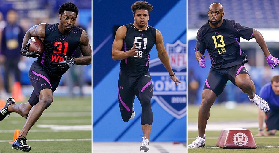 
                <strong>Crimson Tide auf Rekordjagd</strong><br>
                College-Champion Alabama stellt mit Calvin Ridley (l.), Minkah Fitzpatrick (M.) und Rashaan Evans (r.) drei Topanwärter für einen First-Round-Pick. Wird auch nur einer aus dem Trio unter die Top 32 gewählt, rückt Crimson Tide mit zehn First-Round-Picks in Folge auf Platz Zwei der Colleges mit den längsten First-Round-Pick-Serien. Nummer Eins ist Miami, das sich 14 Drafts in Folge über einen First Round Pick aus den eigenen Reihen freuen durfte (1995-2008).
              
