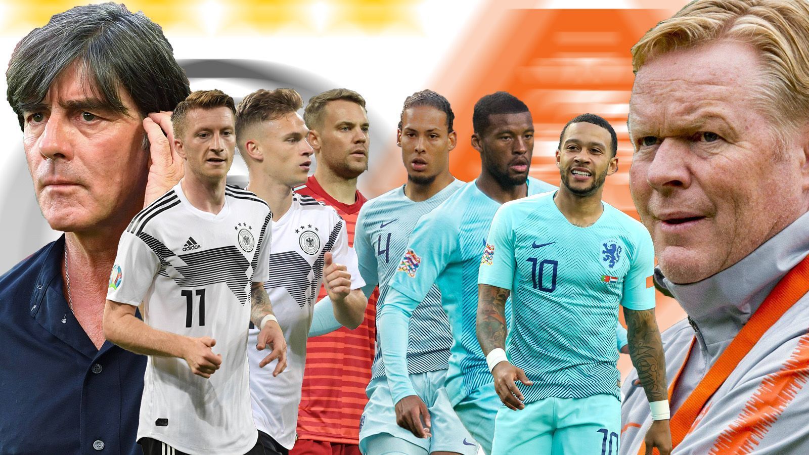 
                <strong>Länderspiel-Klassiker: Head to Head zwischen Deutschland und Niederlande </strong><br>
                Mit einem Last-Minute-Sieg konnte die deutsche Nationalmannschaft das EM-Qualifikationshinspiel gegen die Niederlande gewinnen. In Hamburg kommt es nun zum zweiten Aufeinandertreffen der Top-Favoriten um den Gruppensieg. ran.de hat die DFB-Elf von Jogi Löw und Ronald Koeman Elftal im Head-to-Head gegenüber gestellt.
              