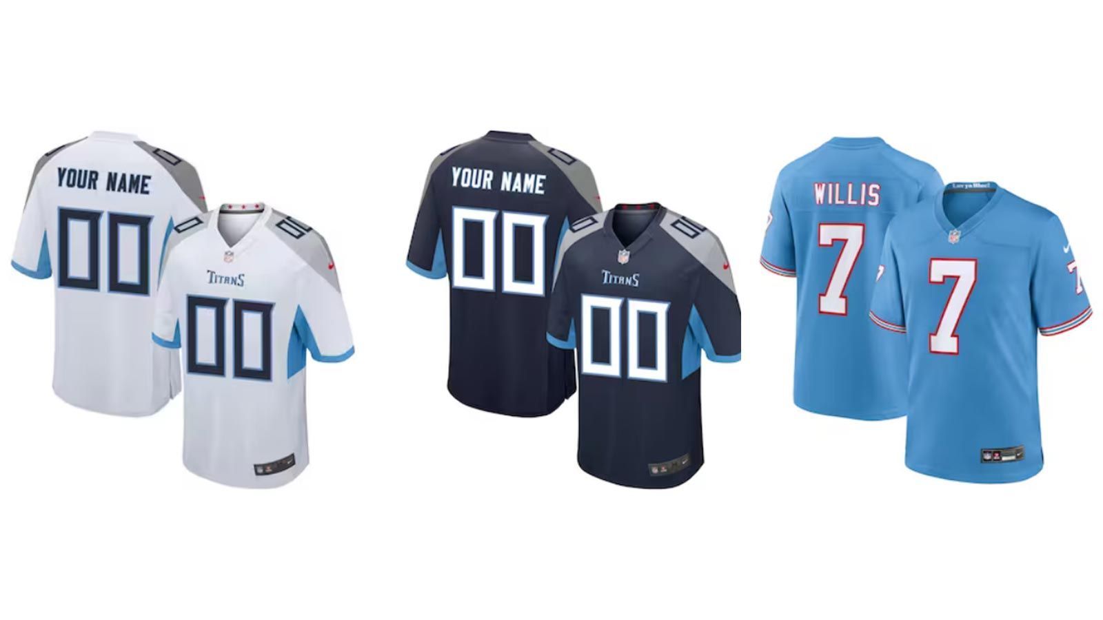 <strong>Tennessee Titans</strong><br>
                Team-Farben: Navy-Blau, Medium "Titans" Blau und Rot
