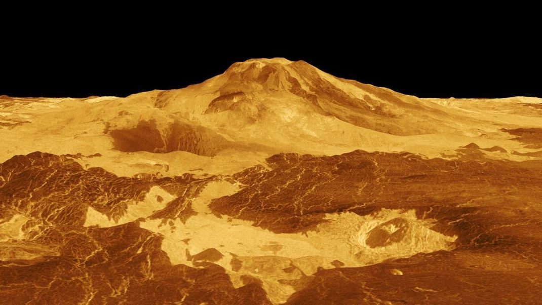 Maat Mons mit 8 Kilometer Höhe größter Vulkan des Planeten. Das Bild ist Ergebnis aus Radardaten und Computerberechnungen. Eine Wanderung wäre hier unmöglich. 