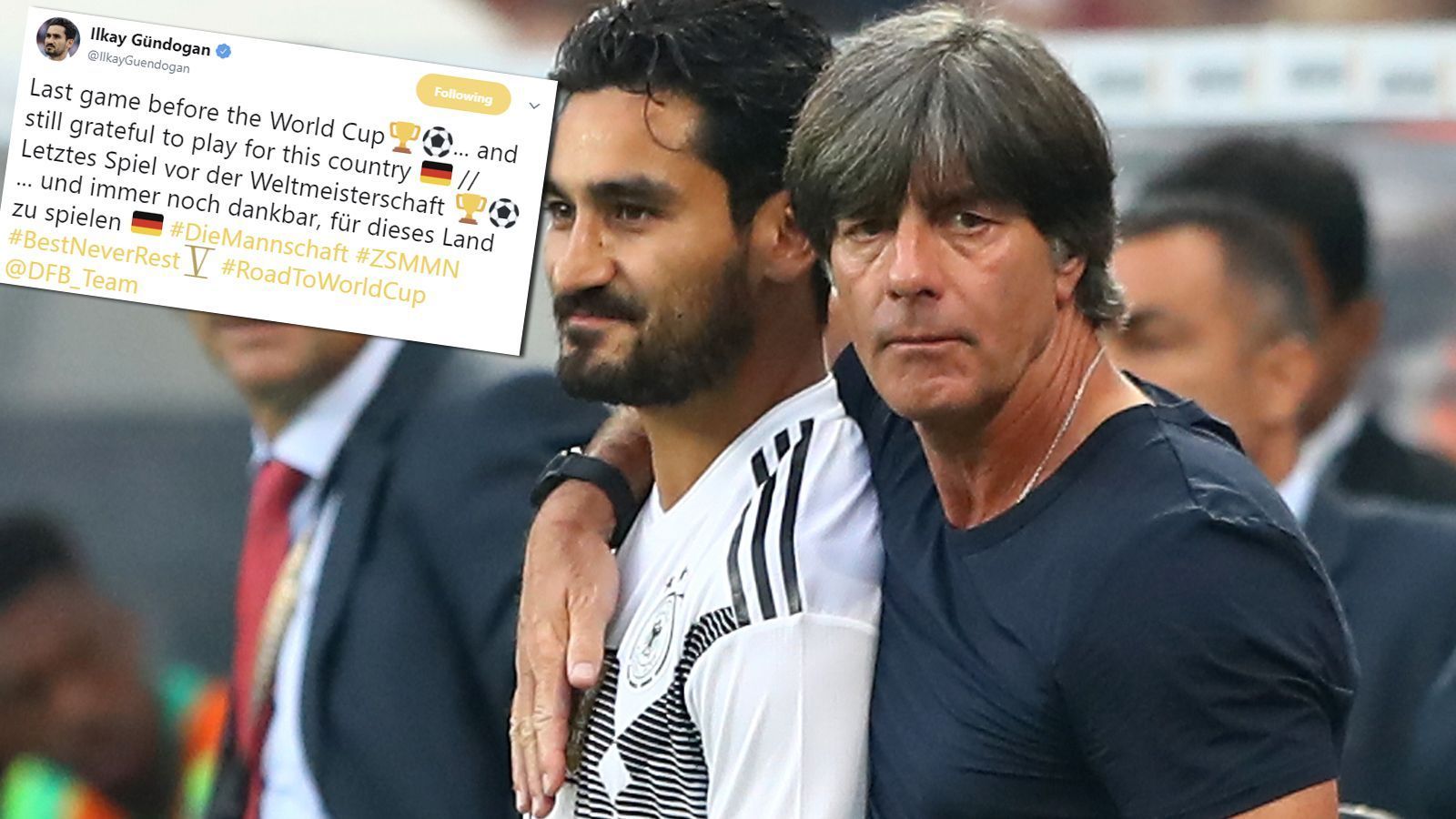 
                <strong>9. Juni: Gündogan reagiert via Twitter</strong><br>
                Ilkay Gündogan trotzt den Pfiffen der eigenen Fans und meldet sich via Twitter zu Wort: "Letztes Spiel vor der Weltmeisterschaft... und immer noch dankbar, für dieses Land zu spielen", und fügt ein schwarz-rot-goldenen Emoji an. Mesut Özil schweigt weiter.
              