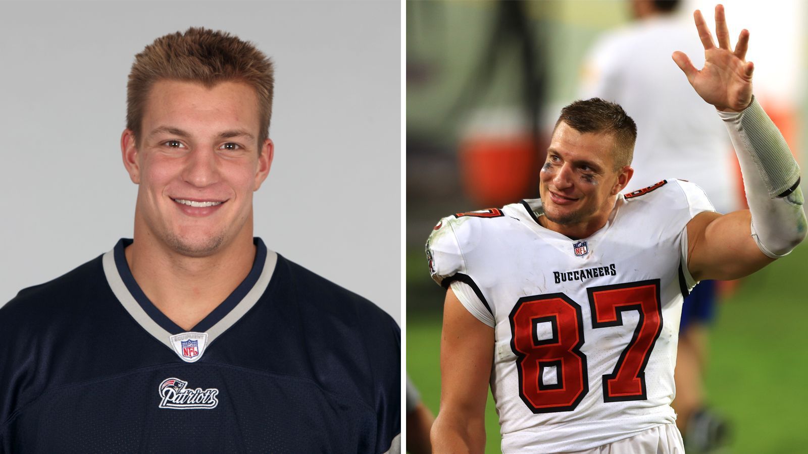 
                <strong>Rob Gronkowski</strong><br>
                Zusammen mit Brady gewann Rob Gronkowski drei Super Bowls. Aufgrund vieler Verletzungen beendete er 2019 seine Karriere, ein Jahr später kam er zurück, um mit seinem Kumpel noch einmal auf Titeljagd zu gehen.
              