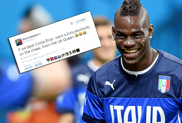 
                <strong>Balotelli will ein Kuss von der Queen</strong><br>
                Vor Mario Balotellis Humor ist keiner sicher - nicht mal Her Majesty Queen Elisabeth II. Sollte Italien gegen Costa Rica gewinnen, und damit England im Turnier halten, will der Stürmer einen Kuss von der Queen. Aber "nur" auf die Wange. 
              