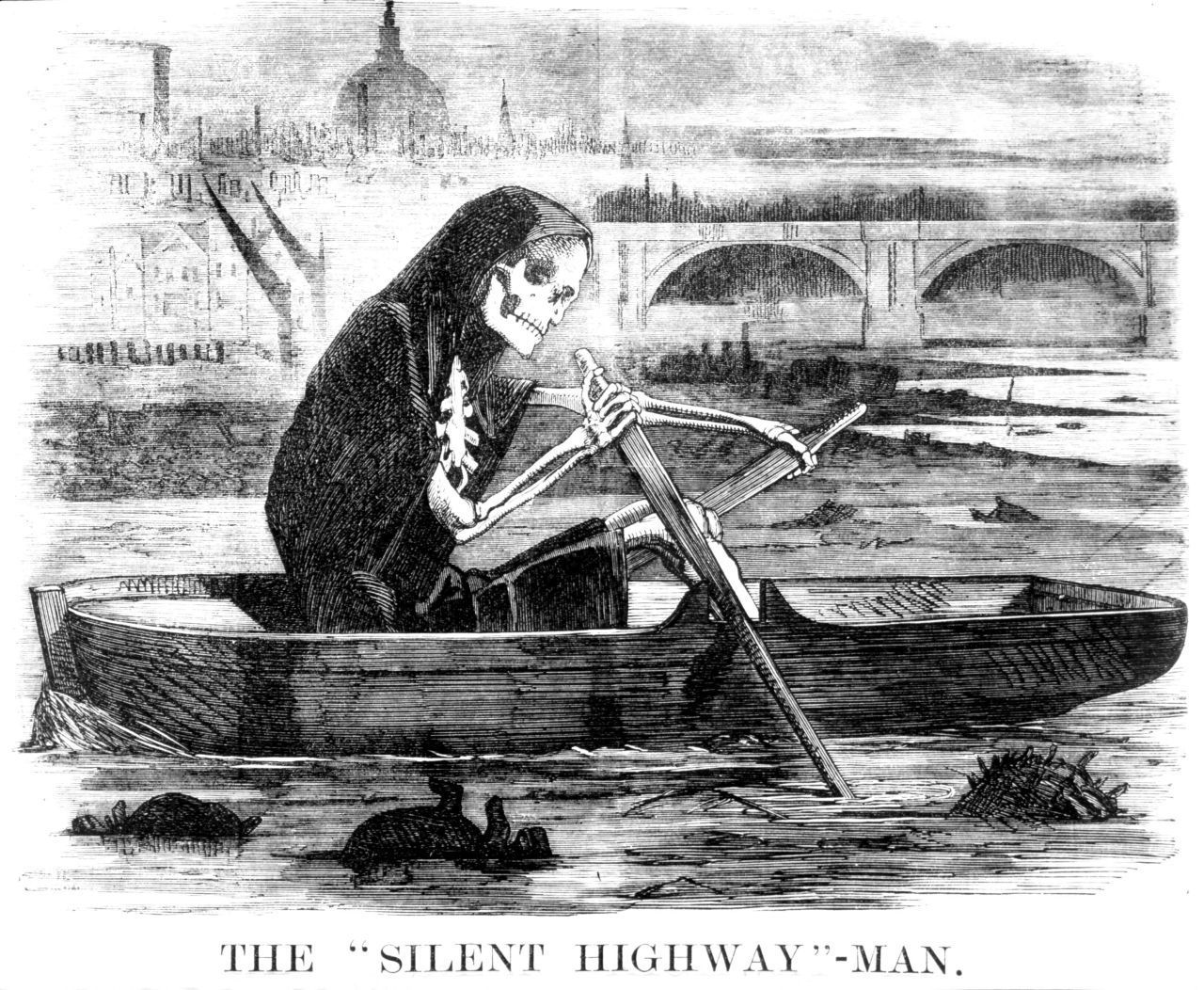 Schon damals ahnten die Menschen, dass der verschmutzte Fluss Seuchen wie die Cholera befeuert. Die Zeichnung "The Silent Highwayman", erschienen 1858 im "Punch", verbildlicht die Problematik.