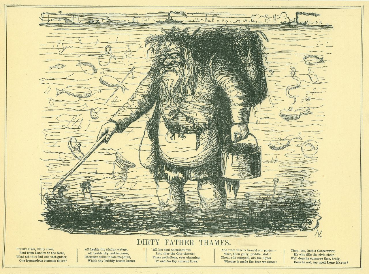 Der unglaubliche Gestank des Flusses inspirierte 1858 sogar die Kunstwelt: In der damaligen Satire-Zeitschrift "Punch" gab es einen Comic über "Dirty Father Thames" - einen schmutzigen Landstreicher, der in der von Industrie-Abfällen und Exkrementen verpesteten Themse umherstreift. 