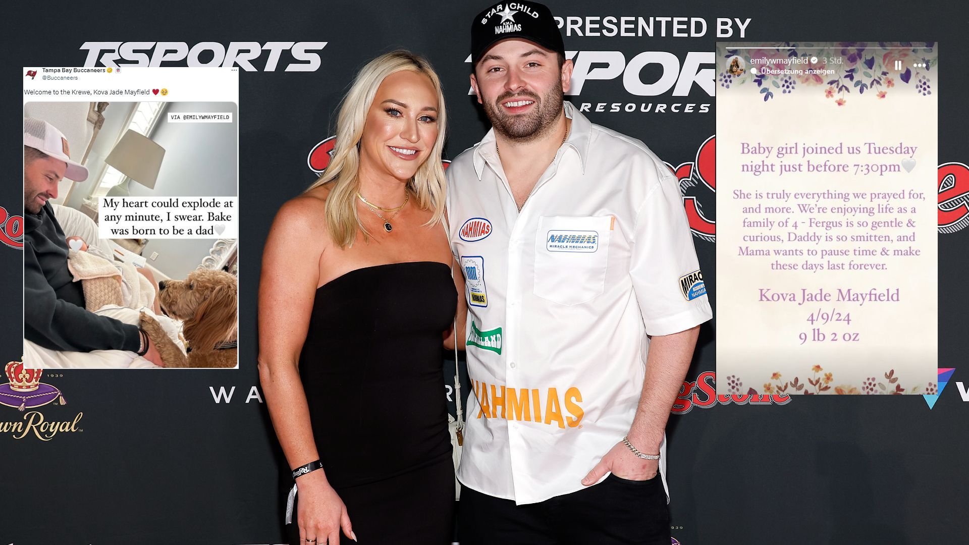 <strong>Baker Mayfield wird erstmals Vater</strong><br>Große Freude im Hause Mayfield! Quarterback Baker Mayfield von den Tampa Bay Buccaneers und seine Frau Emily sind stolze Eltern der kleinen Kova Jade. In ihrer Insta-Story, die vom X-Account der Bucs geteilt wurde, schreibt Emily Mayfield: "Mein Herz könnte jede Minute explodieren.&nbsp; Bake ist ein geborener Vater." Die Tochter kam bereits am 9. April zur Welt.