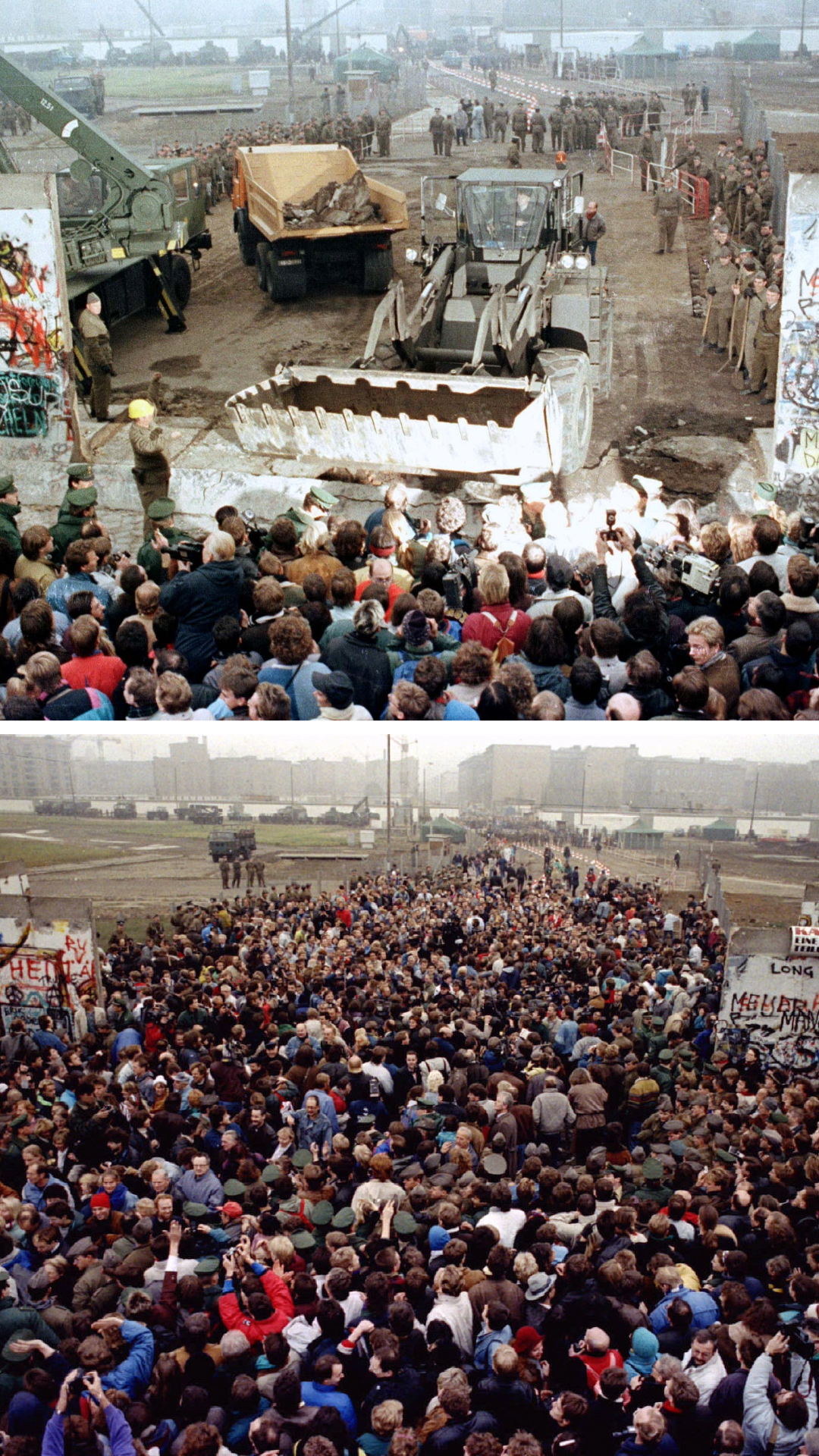 Ein ostdeutscher Bulldozer und ein Kran reißen die Berliner Mauer am Potsdamer Platz nieder, um Platz für einen neuen Grenzübergang in der zerstörten Stadt zu schaffen. Kurz danach überqueren Ostberliner den Potsdamer Platz und treffen dort auf Westberliner.