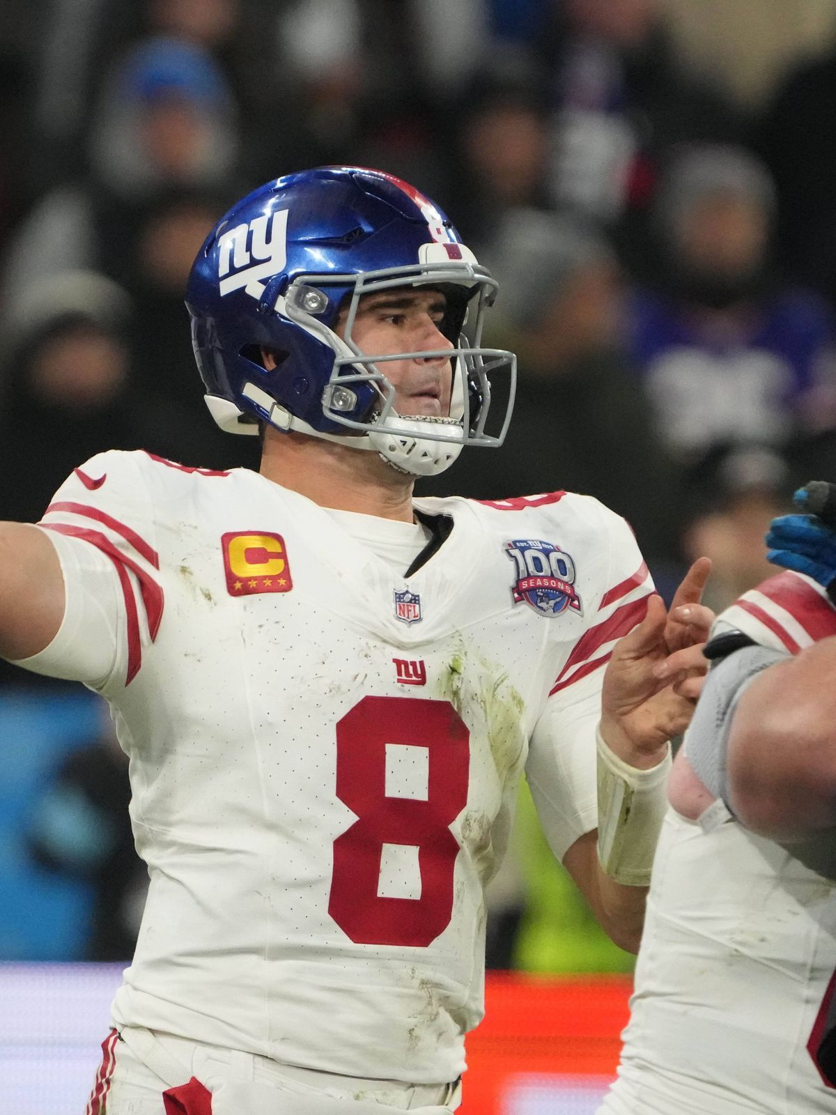 NFL, American Football Herren, USA Munich Game-New York Giants at Carolina Panthers Nov 10, 2024; Munich, Germany; New York Giants quarterback Daniel Jones (8) throws the ball against the Carolina ...