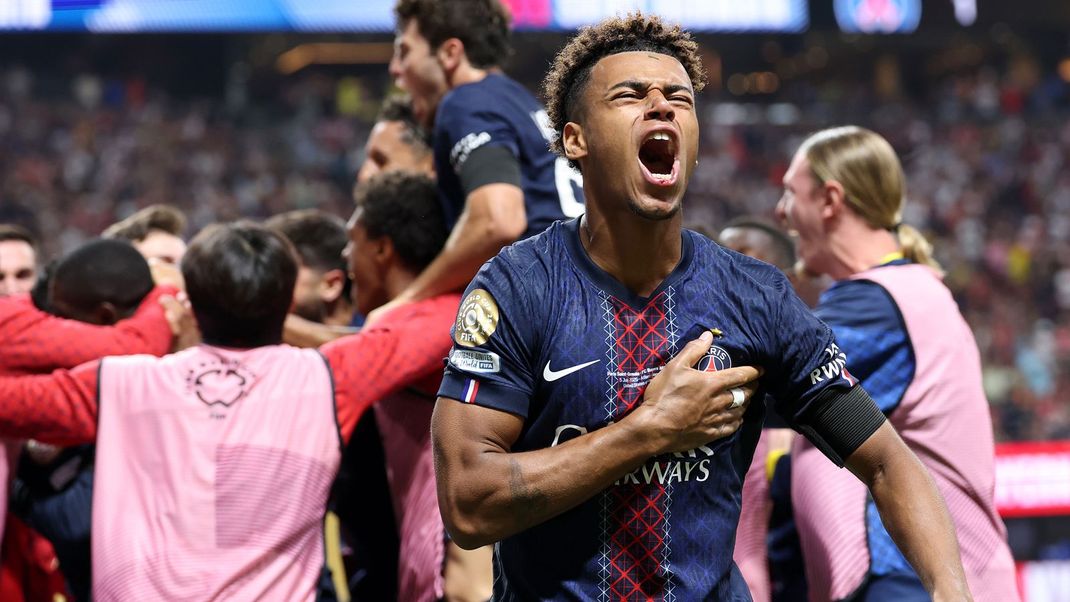ATLANTA, GEORGIA - JULY 05: Desire Doue #14 of Paris Saint-Germain celebrates after Ousmane Dembele #10 of Paris Saint-Germain scored his team's second goal during the FIFA Club World Cup 2025 quarter-final match between Paris Saint-Germain and FC Bayern München at Mercedes-Benz Stadium on July 05, 2025 in Atlanta, Georgia. (Photo by Kevin C. Cox/Getty Images)