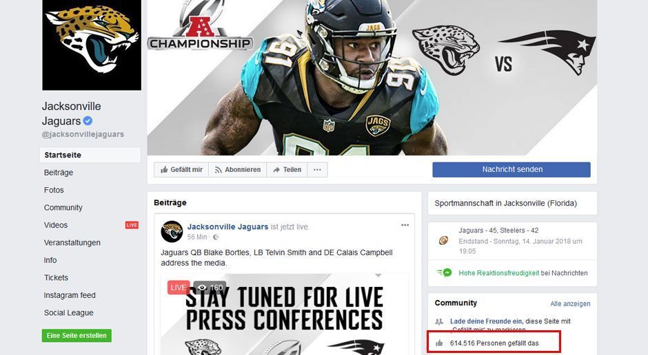 
                <strong>Jaguars auf Facebook: Nobody cares</strong><br>
                Nicht einmal 615.000 Fans haben die Jaguars auf Facebook. Lachhaft. Da kann ja keine coole Community entstehen. Zum Vergleich: Die Dallas Cowboys haben fast neun Millionen. Und sogar ran hat auf Facebook mehr Freunde. Wir haben euch lieb.
              