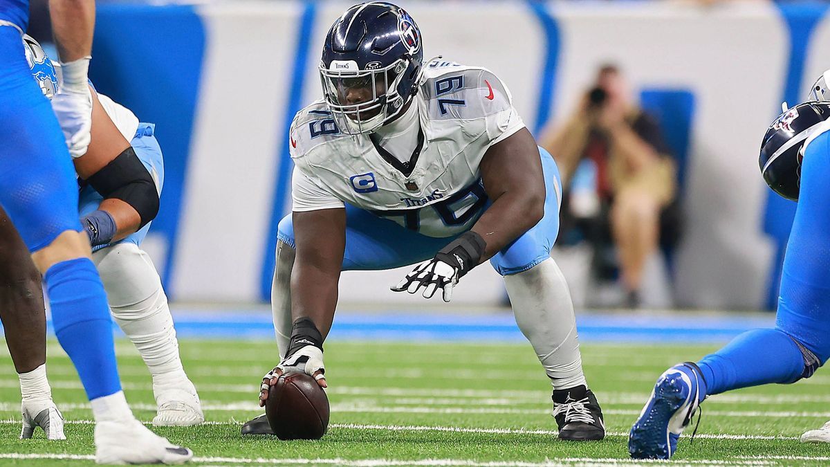 Tennessee Titans vs. Detroit Lions DETROIT,MICHIGAN-OCTOBER 27: Tennessee Titans center Lloyd Cushenberry III prepares to snap the ball during a game between the Detroit Lions and the Tennessee Tit...