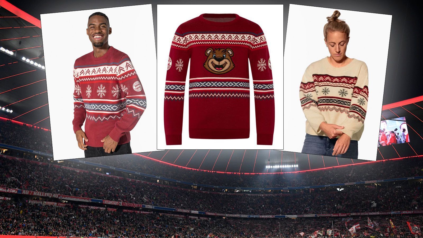 
                <strong>FC Bayern München</strong><br>
                Der FC Bayern München deklariert seine Weihnachtsmode nicht direkt als "Ugly" - und so fällt das Design auch eher konservativ aus. Muss am Bundesland liegen. Schön aber, dass es gleich drei verschiedene Varianten gibt. Und die Kinderversion mit Berni auf der Brust ist schon niedlich. Dafür gibt es definitiv Pluspunkte.
              