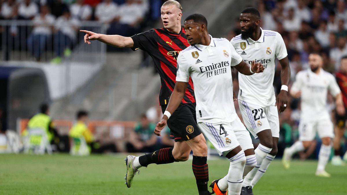 Partido de ida de semifinales de Champions disputado entre Real Madrid y Manchester City. En la imagen, Haaland, Alaba y Rüdiger. First leg of the Champions League semifinals - Real Madrid vs Manch...