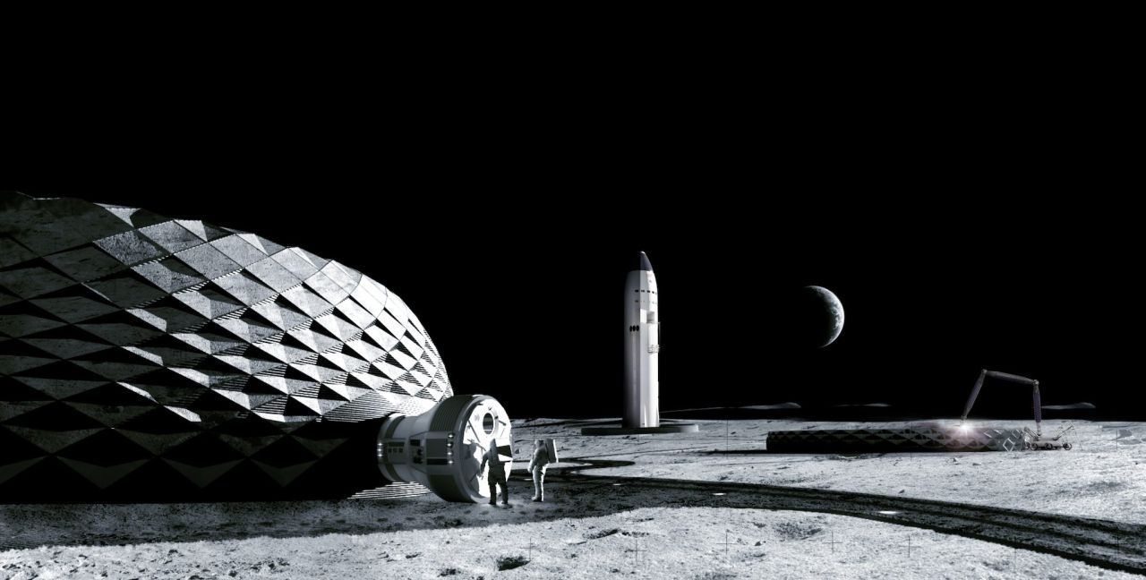 Für eine dauerhafte Mondbasis (im Hintergrund die Mondlandefähre von SpaceX) müssen in der Zukunft Baustoffe vor Ort genutzt werden, darin sind sich große Raumfahrtagenturen wie ESA und NASA einig.