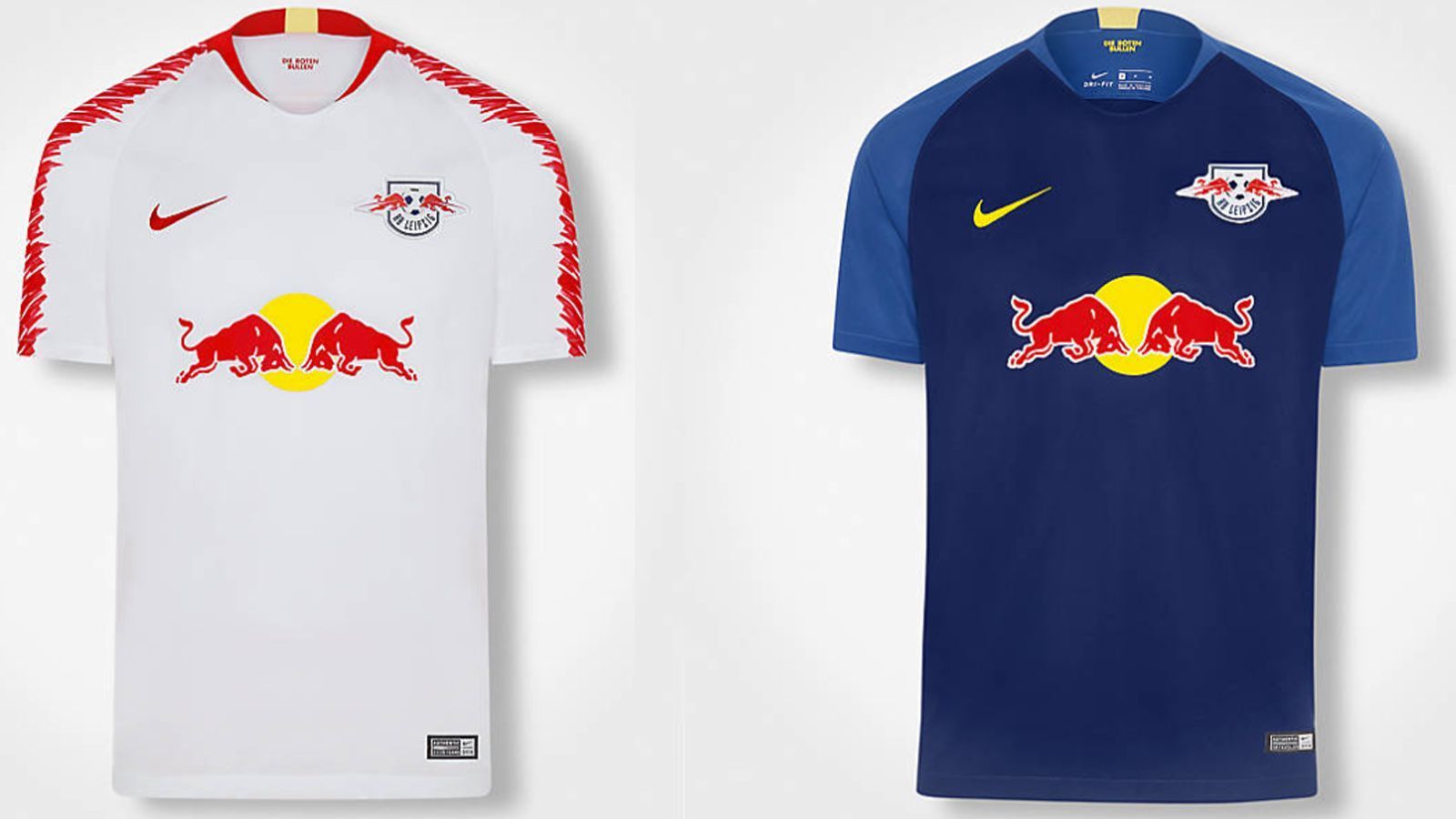 
                <strong>RB Leipzig</strong><br>
                Schlichtes weiß mit roten Rändern beim Heimtrikot, weit fabenfroher das Auswärtstrikot.
              