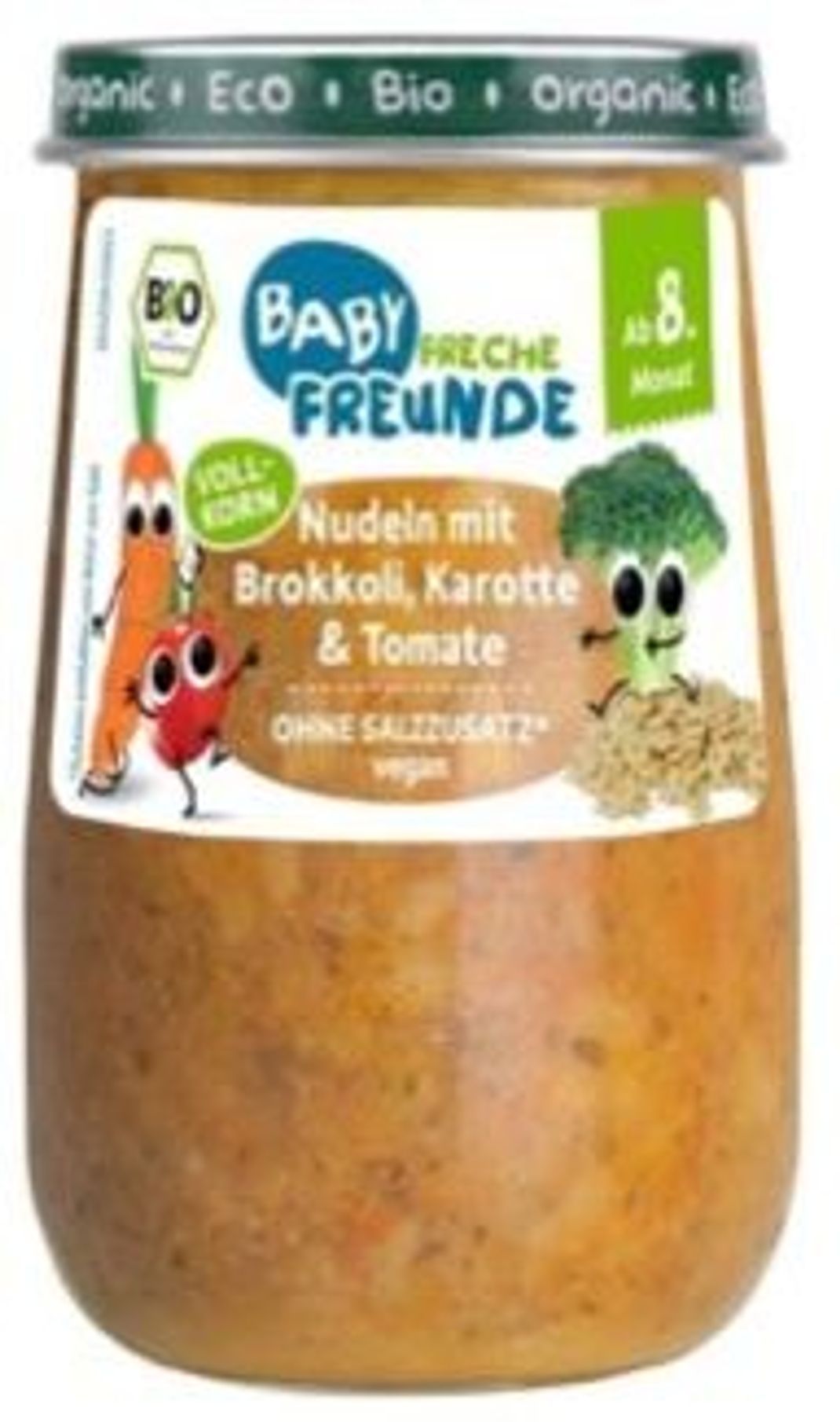 Das Beikostgläschen "Nudeln mit Brokkoli, Karotte und Tomate" (ab 8. Monat) der Marke Baby Freche Freunde wird wegen des Verdachts auf Tropanalkaloide zurückgerufen (Screenshot Warenrückruf Erdbär GmbH).