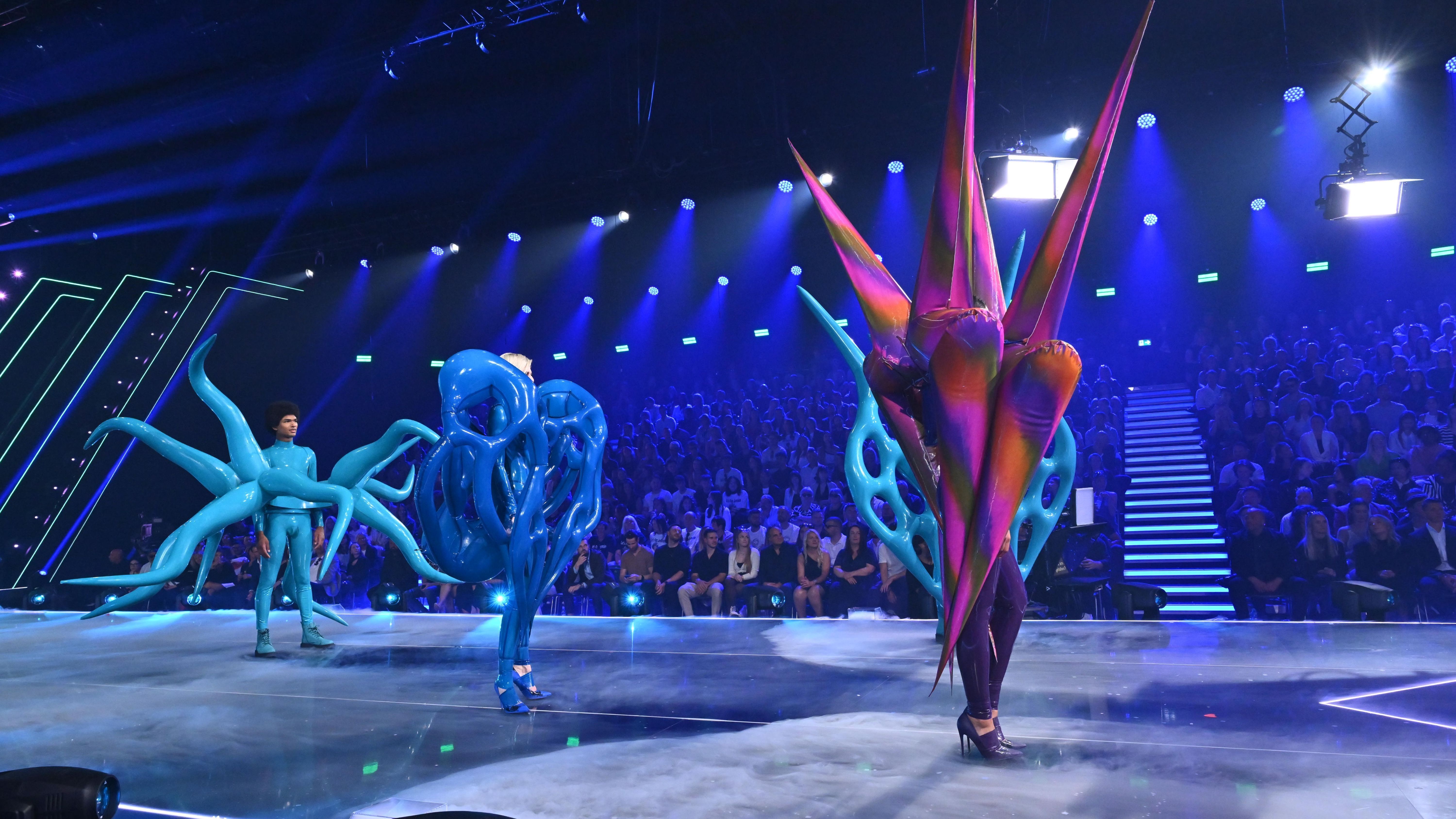 Dieser Fashion-Walk hat es in sich: In extravaganten Outfits laufen die Finalist:innen zur Musik von Sofi Tukker.