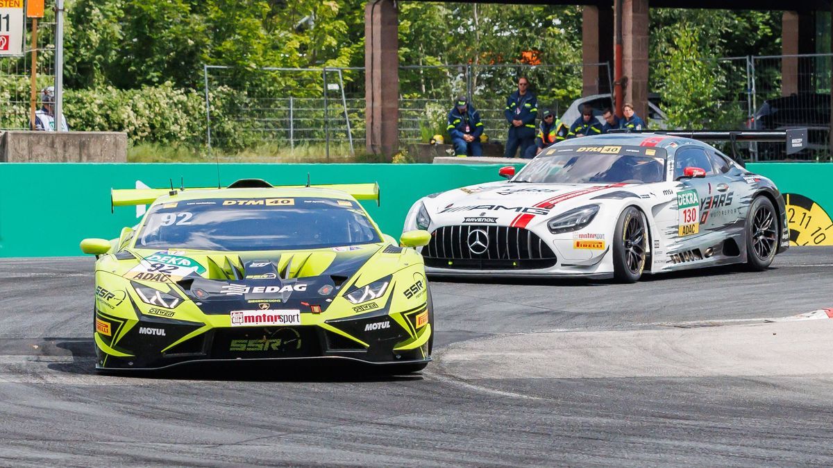 Mirko Bortolotti (ITA, Lamborghini, SSR Performance) vor Maro Engel (GER, Mercedes, Mercedes-AMG Team Winward), 06.07.2024, Nürnberg (Deutschland), Motorsport, DTM, Norisring Nürnberg 2024 *** Mirk...