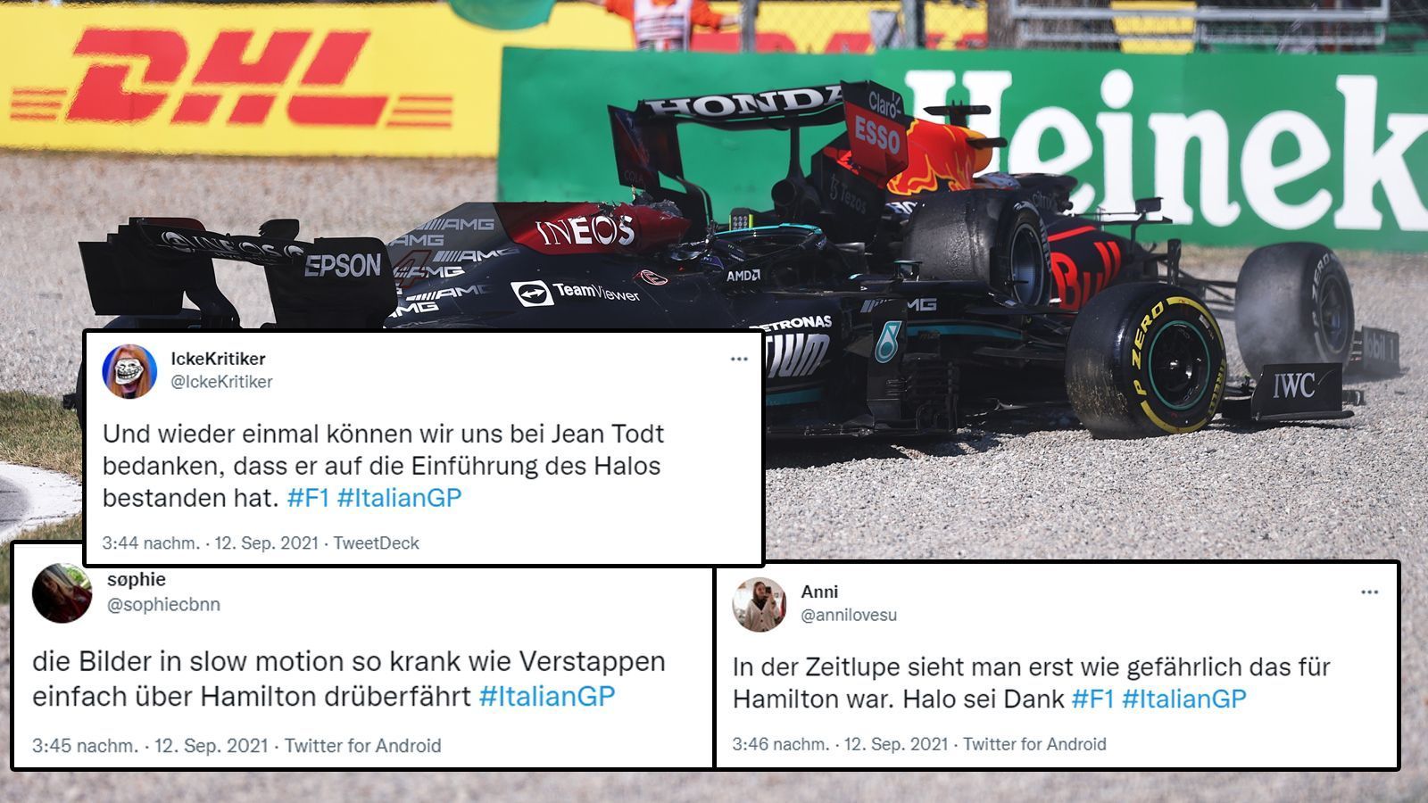 
                <strong>Hamilton vs Verstappen </strong><br>
                Vor einigen Jahren hätte der Unfall noch schlimmer aussehen können. Durch das moderne "Halo"-Sicherheitssystem der Boliden konnten Verletzungen der Piloten verhindert werden. Immerhin landete Verstappens Red Bull genau auf dem Mercedes. Besonders Lewis Hamilton hätte Probleme kriegen können. 
              