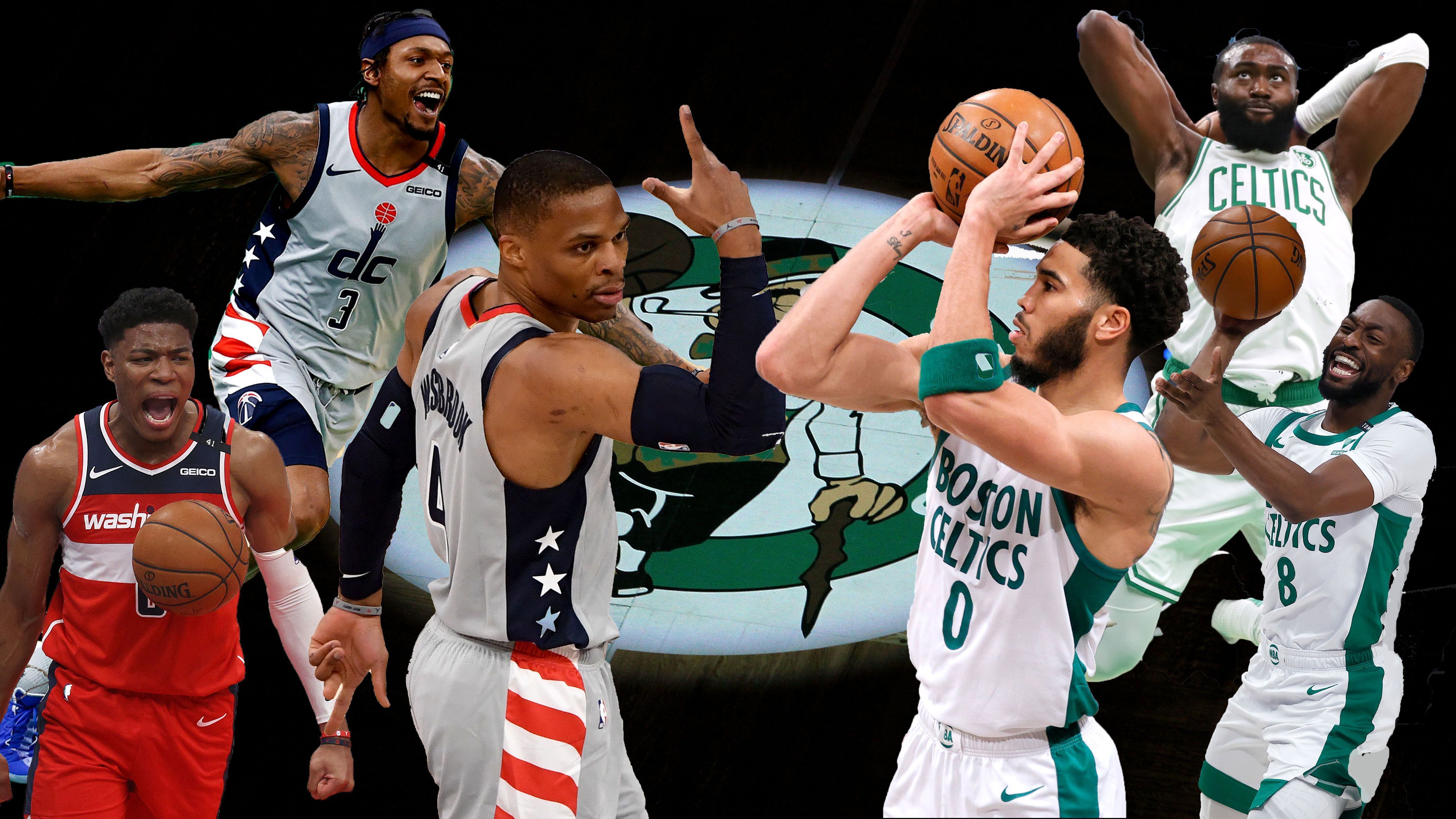 
                <strong>Washington Wizards at Boston Celtics</strong><br>
                Nachdem die Wizards um Triple-Double-Maschine Russell Westbrook (vorne, 2. v. l.) katastrophal in die Saison gestartet waren, haben sie sich in der zweiten Saisonhälfte wieder gefangen. Mit Westbrooks Spielmacher-Qualitäten und Bradley Beals (vorne links) Scoring Power hat Washington zu seinem Spiel gefunden und hält mit Platz acht alle Playoff-Hoffnungen am Leben. Im Duell mit den Boston Celtics, die in dieser Saison ihren Erwartungen hinterher hinken, dürfte es dennoch kein Spaziergang werden. Mit All-Star Jayson Tatum (vorne, 2. v. r.) und einem jungen, dynamischen Team sind die Celtics immer eine Waffe. Neben dem Scorer-Matchup zwischen Beal und Taytum dürfen wir uns vor allem auch auf das Aufeinandertreffen zwischen Westbrook und Marcus Smart freuen, die beide mit ihrer Mentalität für viel Zündstoff sorgen sollten.
              