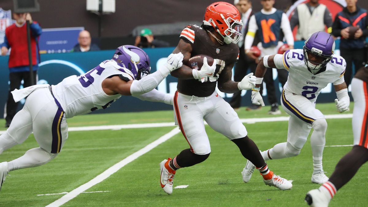 Cleveland Browns Running Back Quinshon Judkins runs with the football in their match against the Minnesota Vikings at Tottenham Football Stadium, London on Sunday October 05, 2025. The Vikings won ...